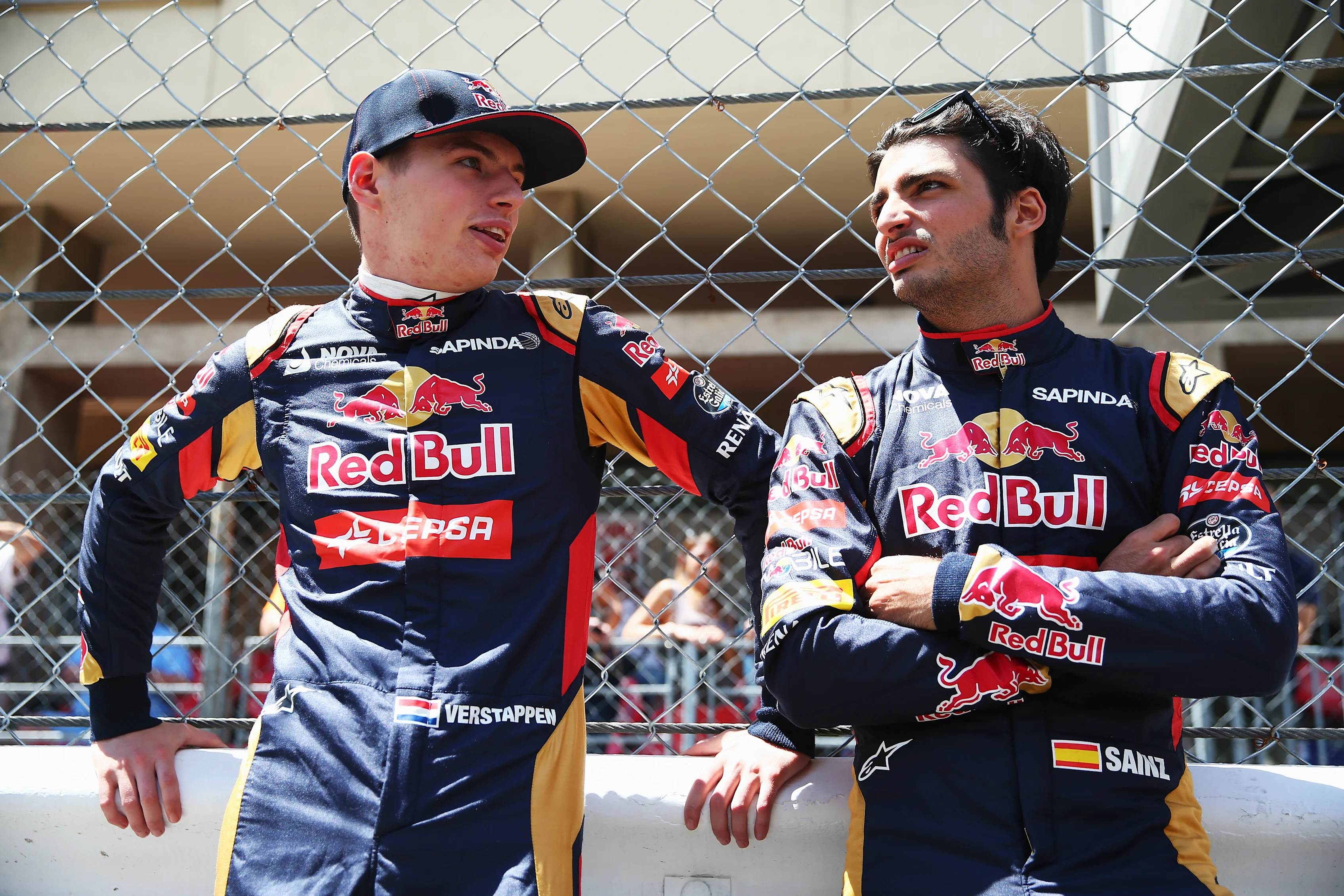MONTE-CARLO, MONACO - MAY 22:  (L-R) Max Verstappen of Netherlands and Scuderia Toro Rosso and