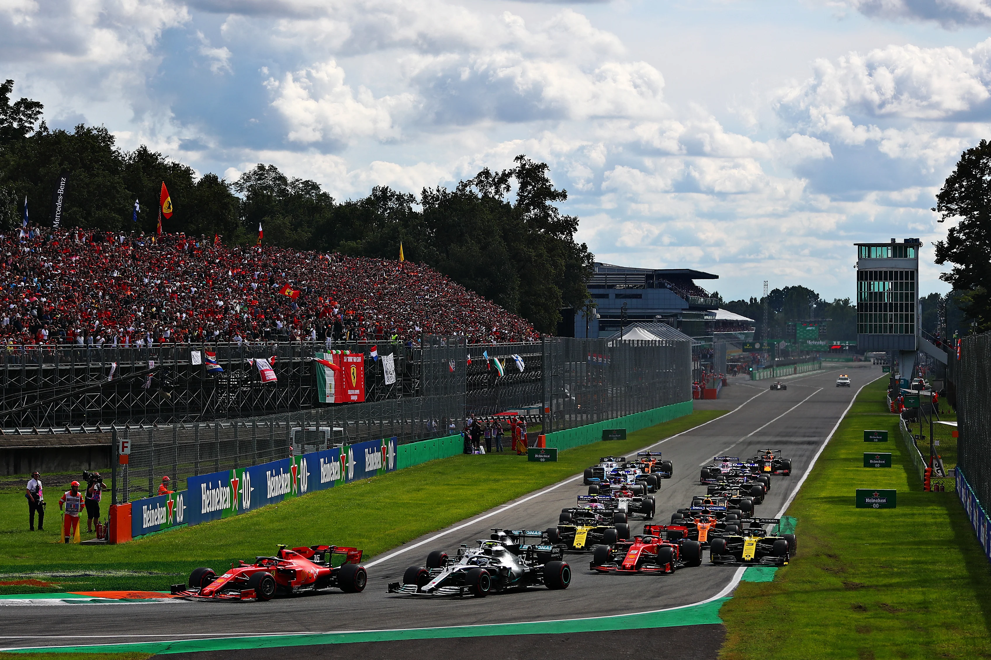 MONZA, ITALY - SEPTEMBER 08: Charles Leclerc of Monaco driving the (16) Scuderia Ferrari SF90 leads