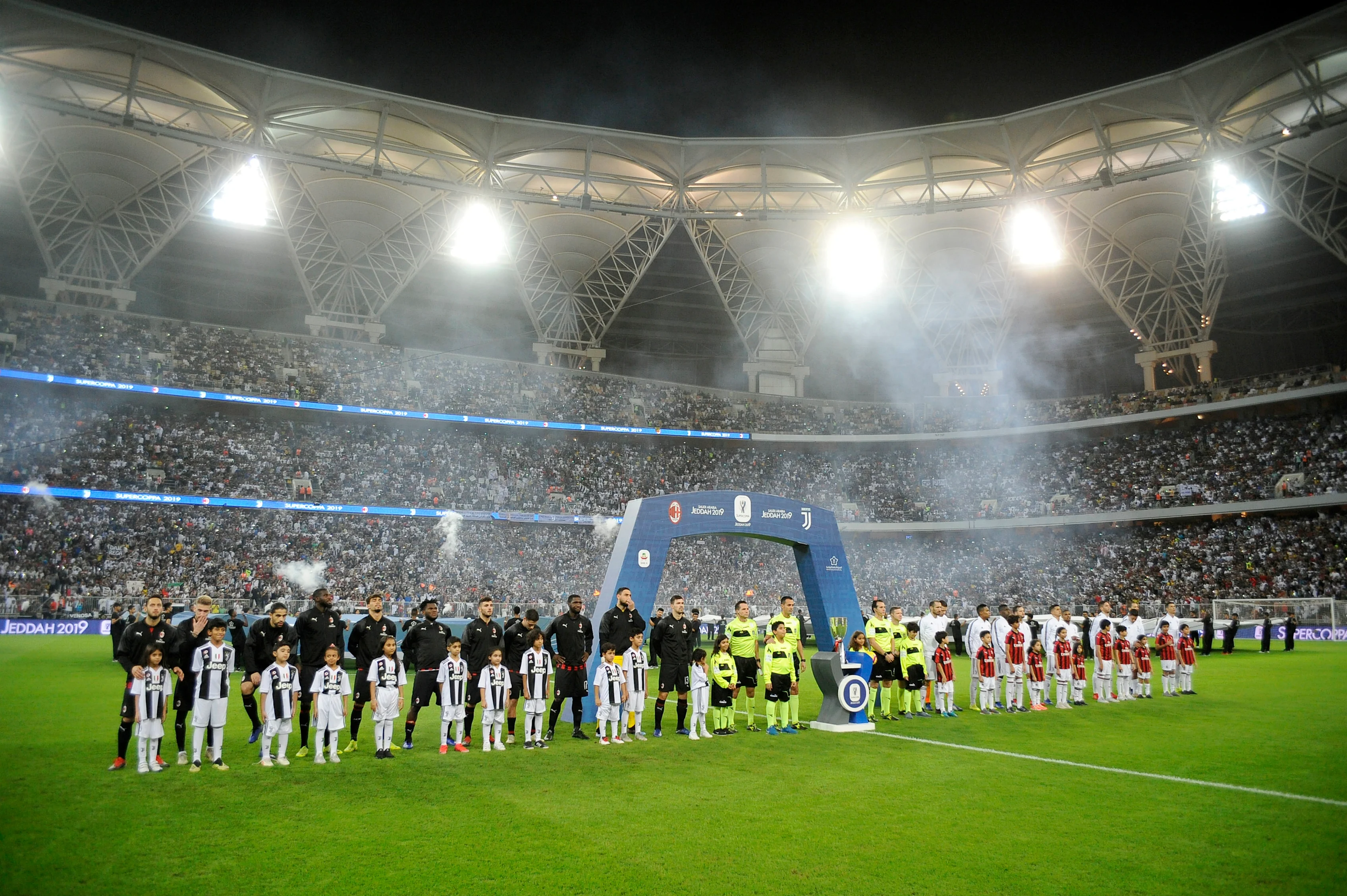 JEDDAH, SAUDI ARABIA - JANUARY 16: Milan and Juventus line up prior to the Italian Supercup match