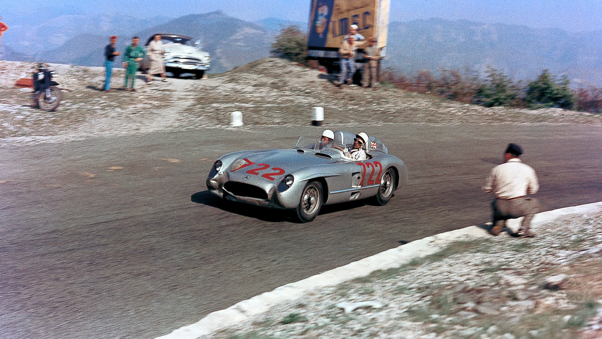 The Mille Miglia; May 1, 1955. A famous Yves Debraine color photo of Stirling Moss and Denis