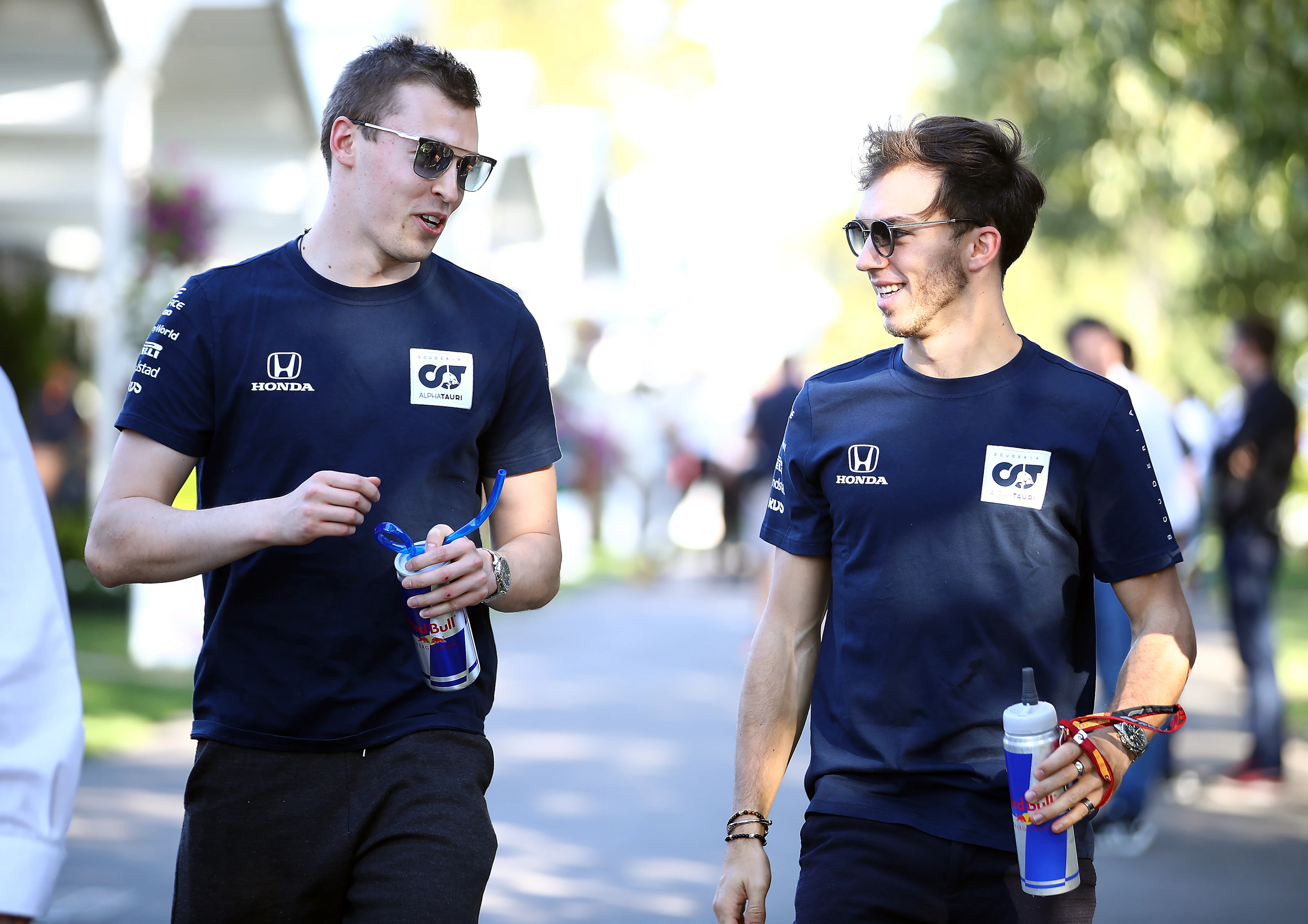 MELBOURNE, AUSTRALIA - MARCH 12: Daniil Kvyat of Russia and Scuderia AlphaTauri and Pierre Gasly of