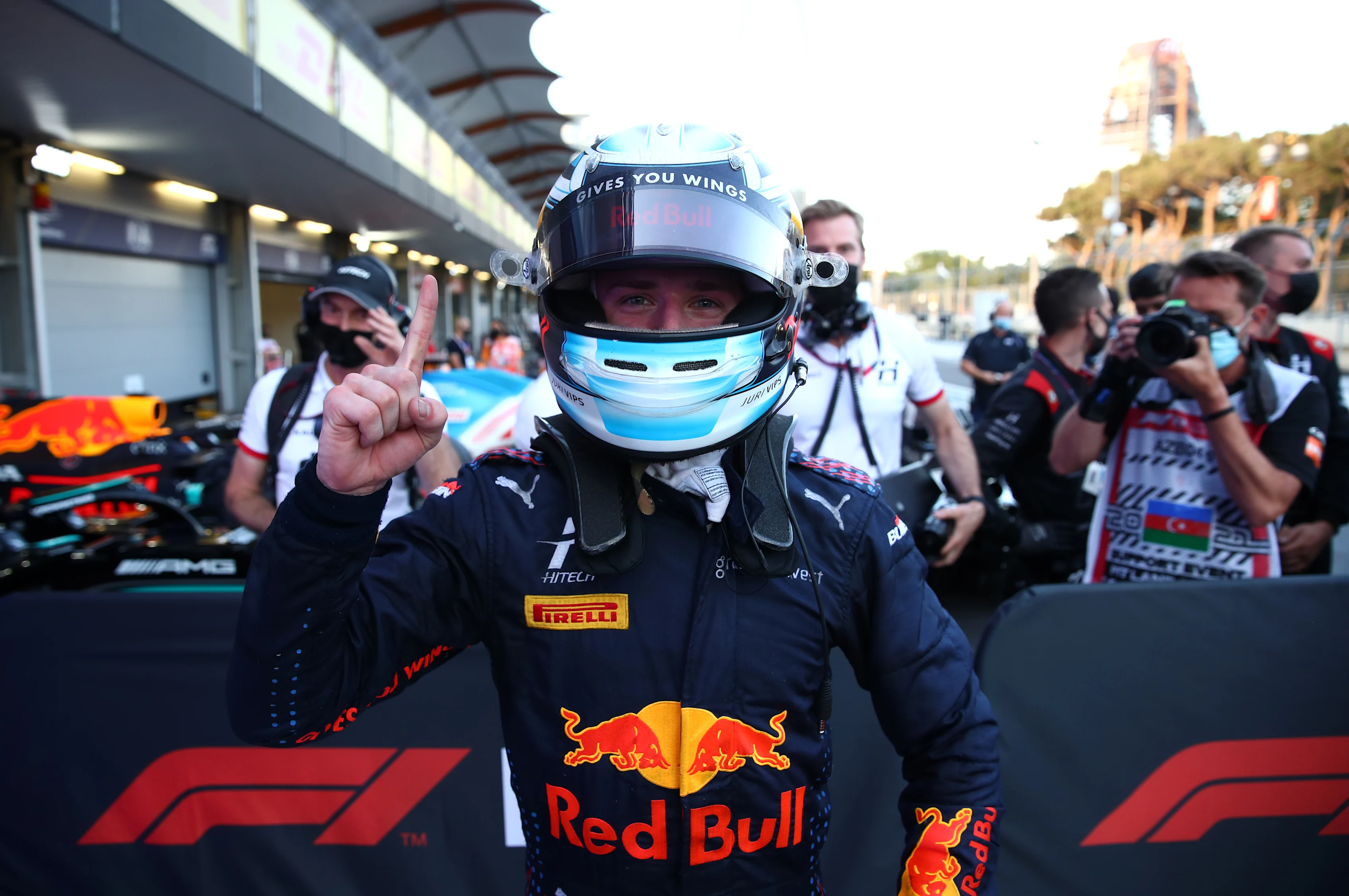 BAKU, AZERBAIJAN - JUNE 05: Race winner Juri Vips of Estonia and Hitech Grand Prix celebrates in