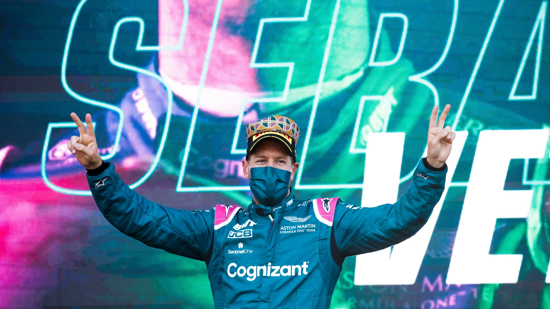 Sebastian Vettel, Aston Martin, 2nd position, celebrates on the