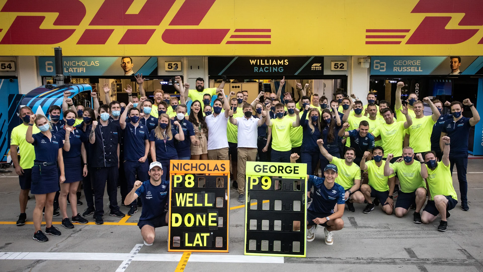Nicholas Latifi (CDN) Williams Racing and George Russell (GBR) Williams Racing celebrate eighth