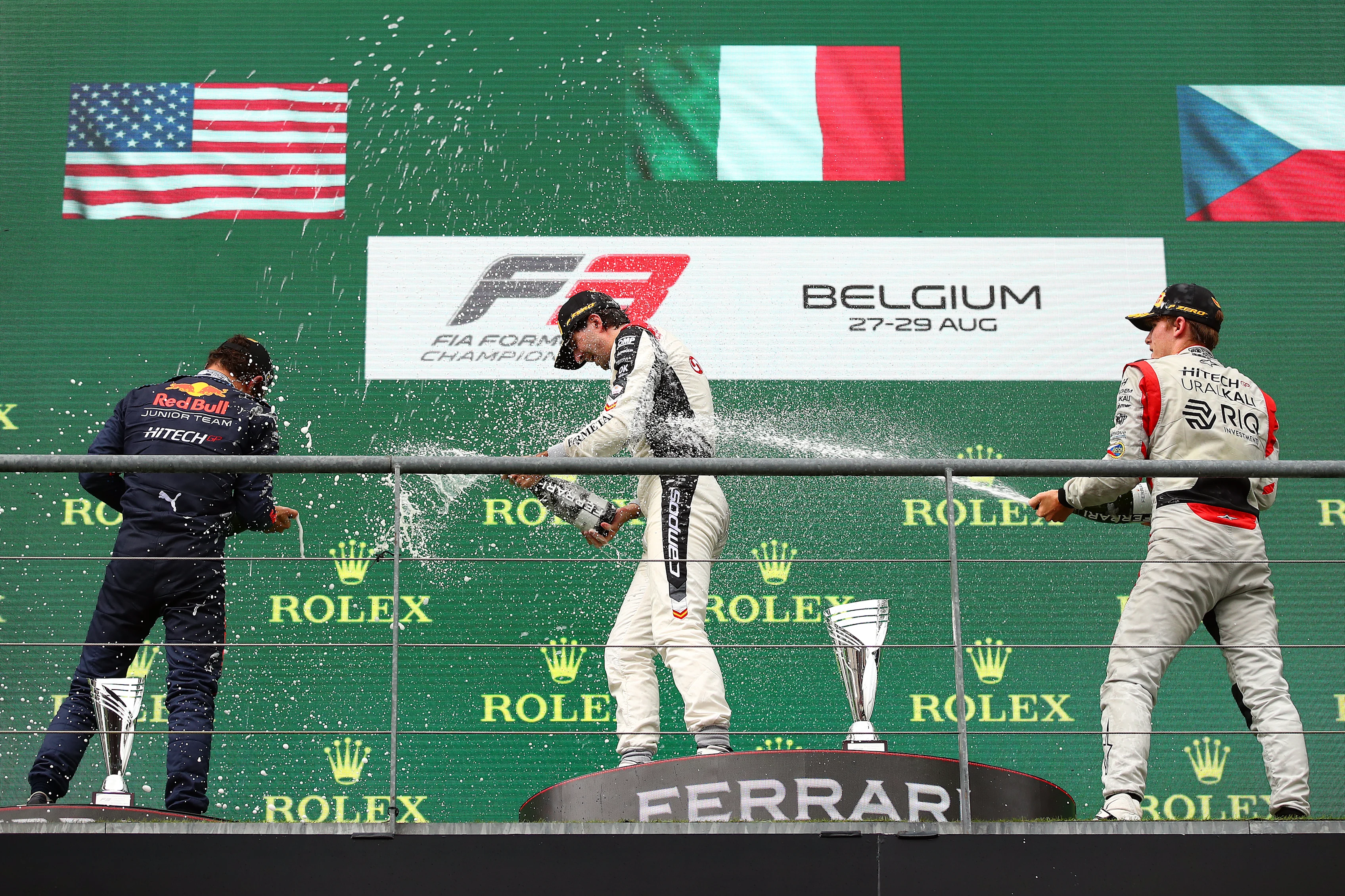 SPA, BELGIUM - AUGUST 28: Race winner Lorenzo Colombo of Italy and Campos Racing, second placed Jak