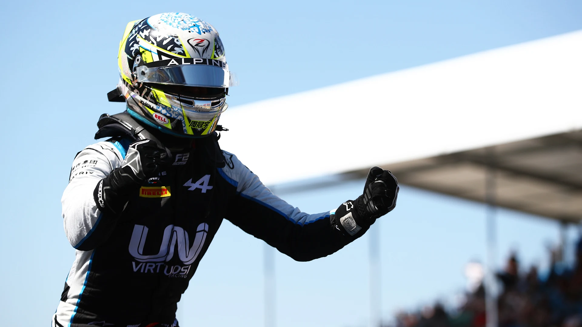 NORTHAMPTON, ENGLAND - JULY 18: Race winner Guanyu Zhou of China and UNI-Virtuosi Racing celebrates