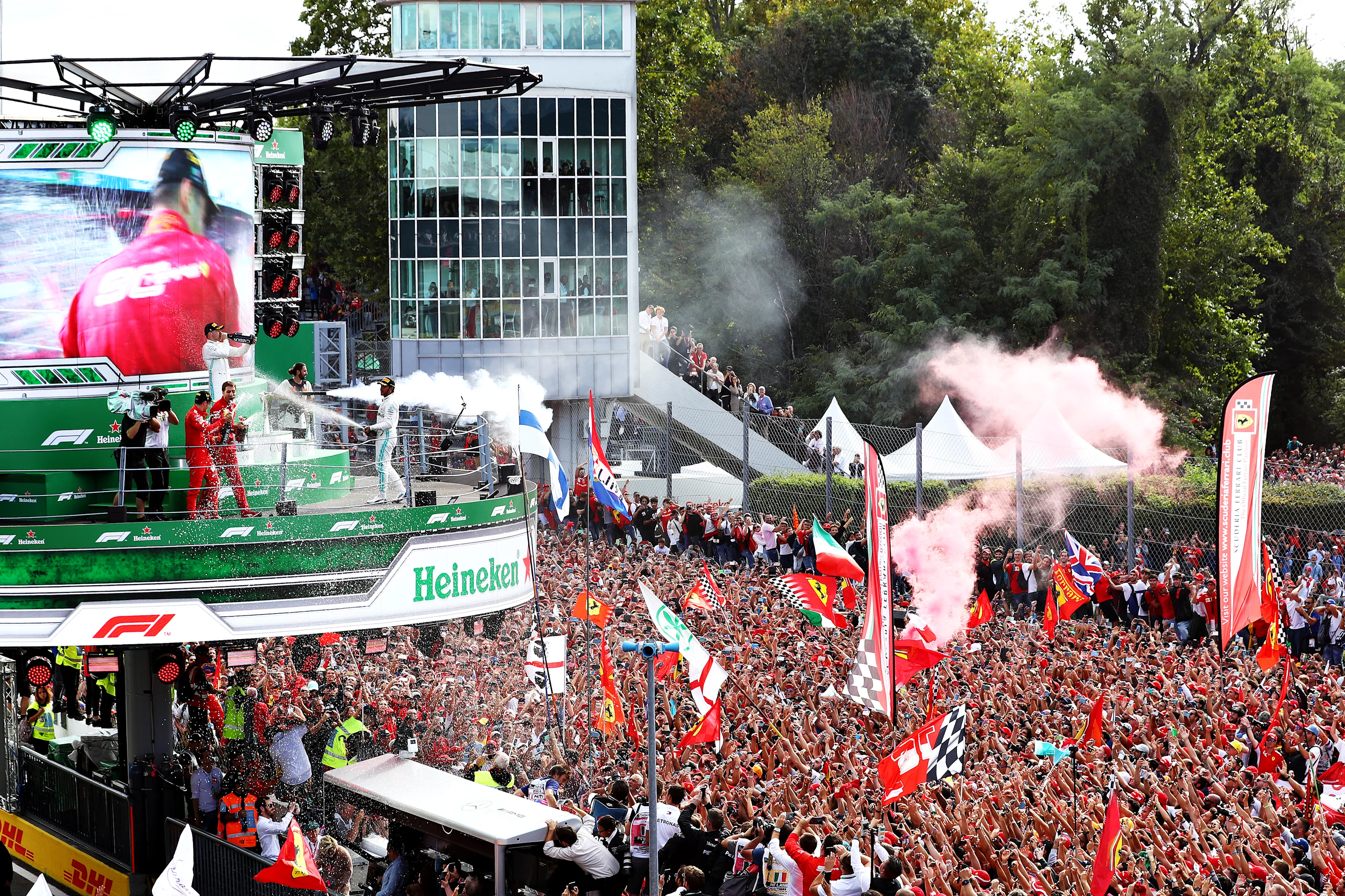 MONZA, ITALY - SEPTEMBER 08: A general view as race winner Charles Leclerc of Monaco and Ferrari