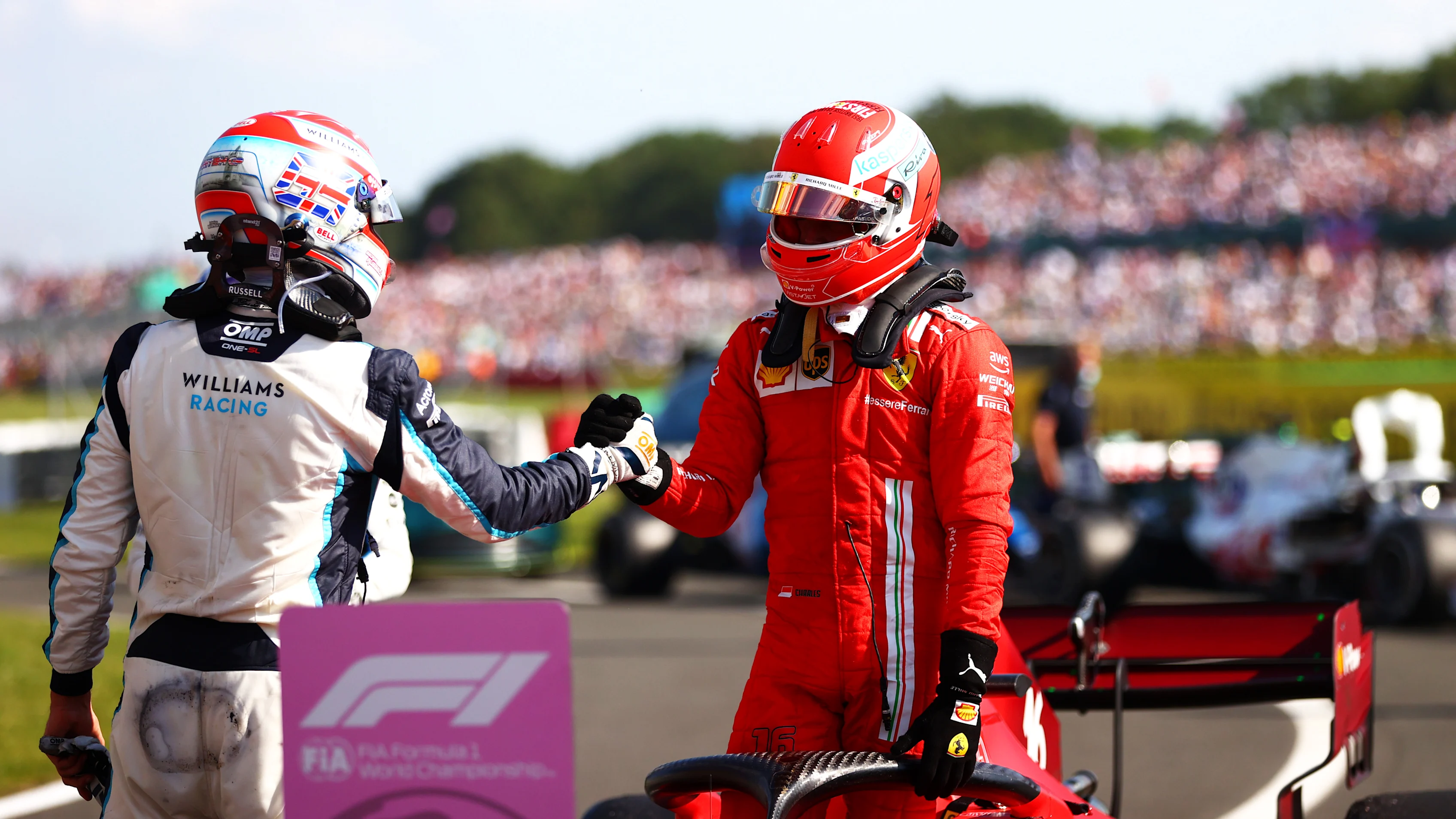 NORTHAMPTON, ENGLAND - JULY 18: Second placed Charles Leclerc of Monaco and Ferrari is