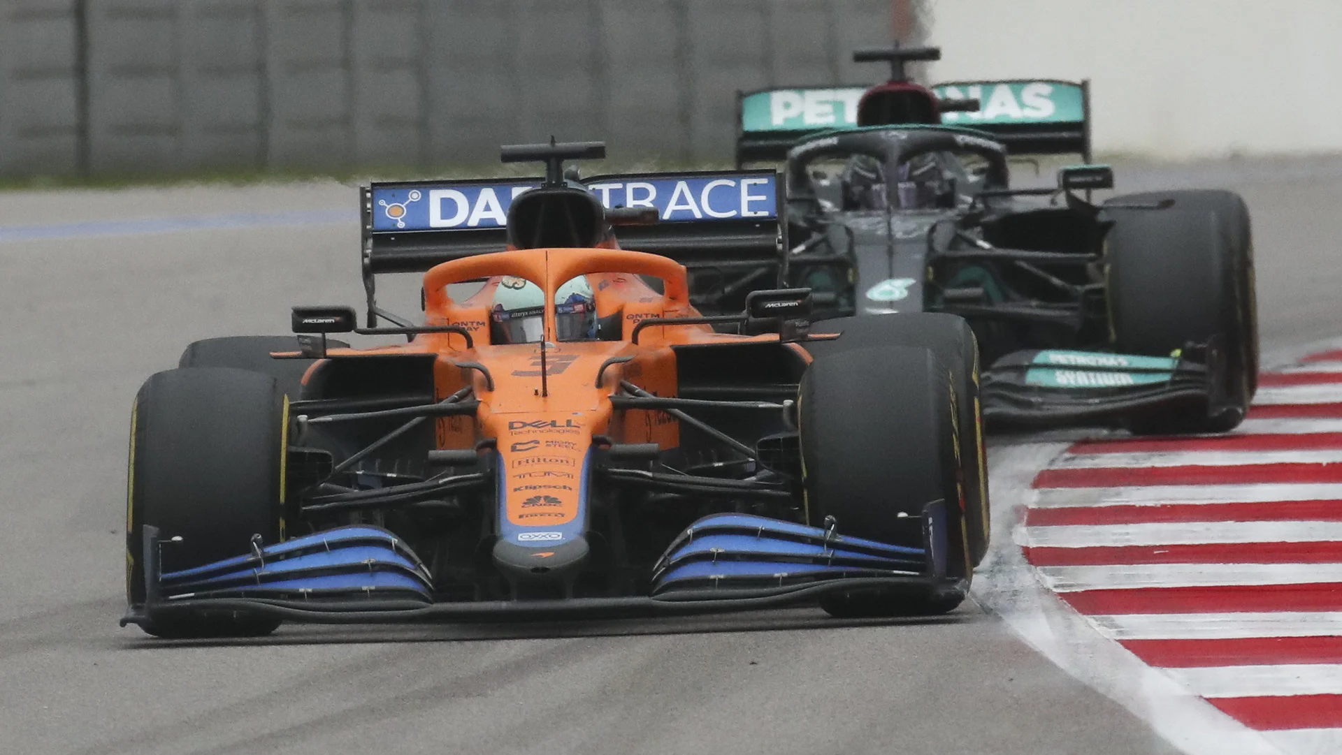 SOCHI, RUSSIA  SEPTEMBER 26, 2021: McLaren F1 Team driver Daniel Ricciardo of Australia competes in