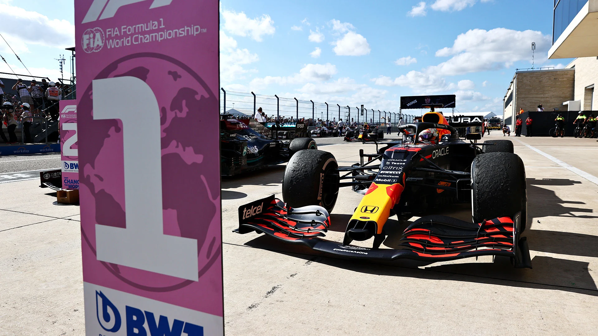 AUSTIN, TEXAS - OCTOBER 24: Race winner Max Verstappen of Netherlands and Red Bull Racing stops in