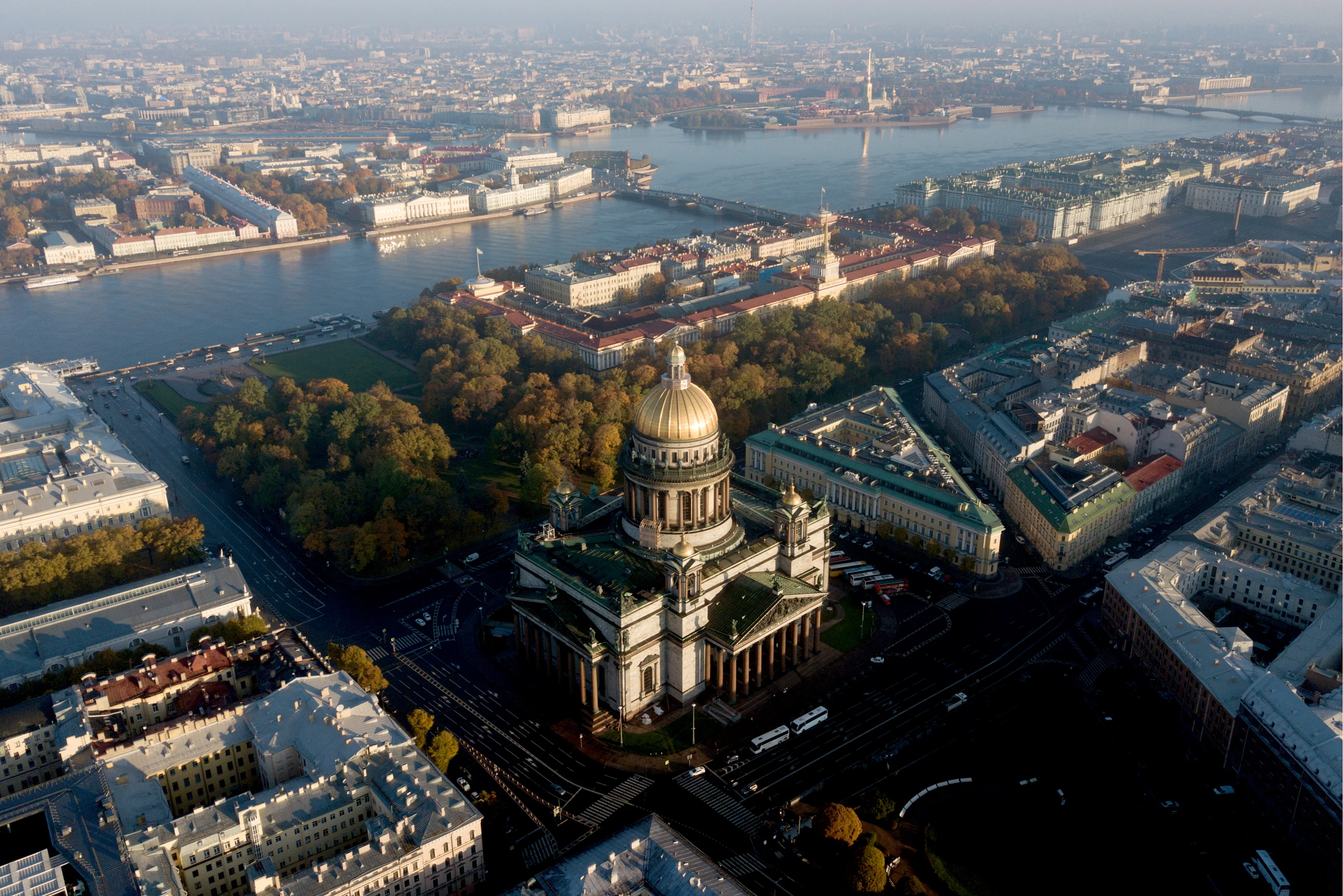 ST PETERSBURG, RUSSIA - OCTOBER 13, 2018: A view of the Neva River and St Isaac's Cathedral. Anton