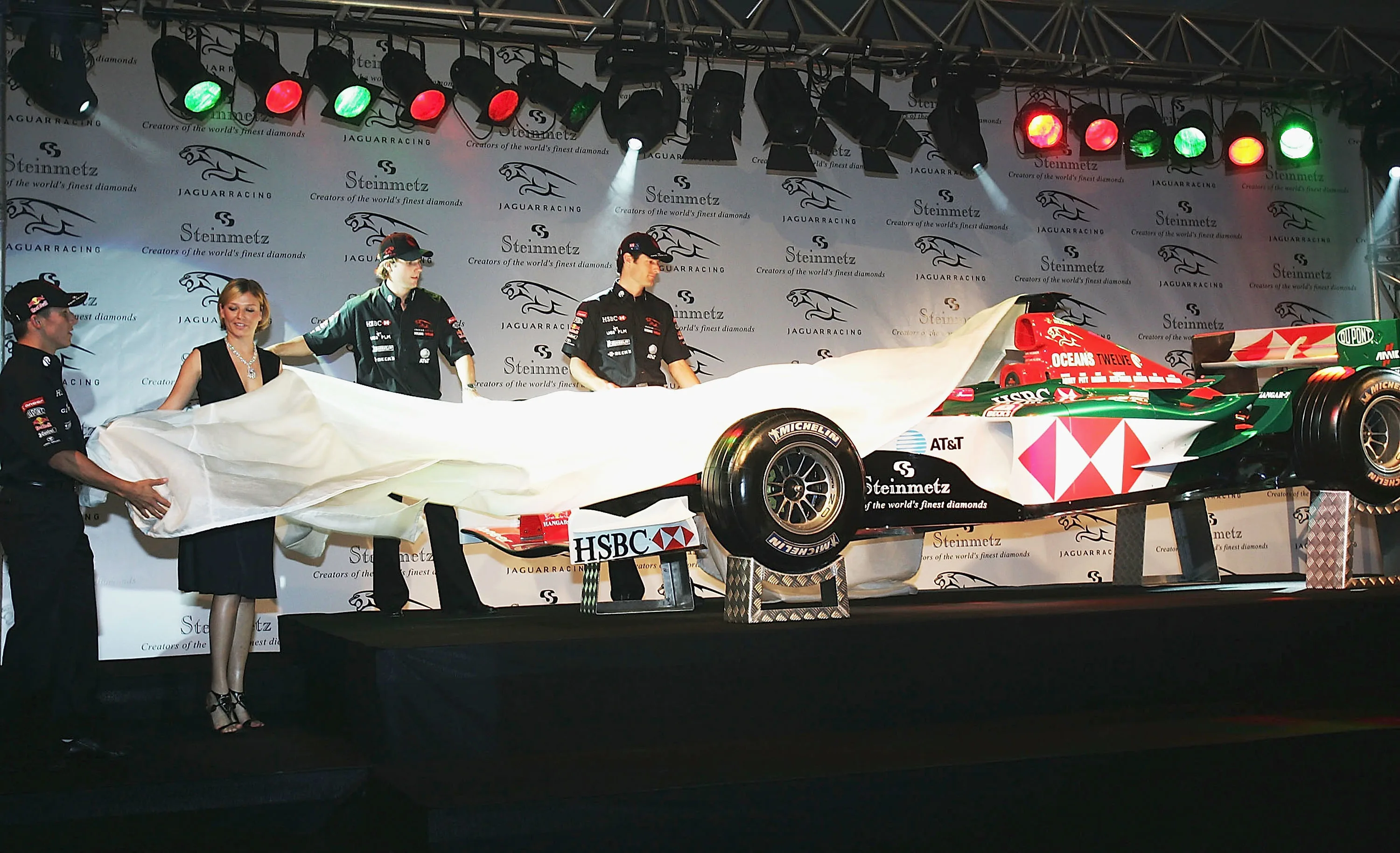 Christian Klien, Mark Webber and Bjorn Wirdheim unveil a new livery for their R5 - complete with a Steinmetz diamond set into the car nose - to promote the film 'Oceans 12' prior to the 2004 Monaco GP