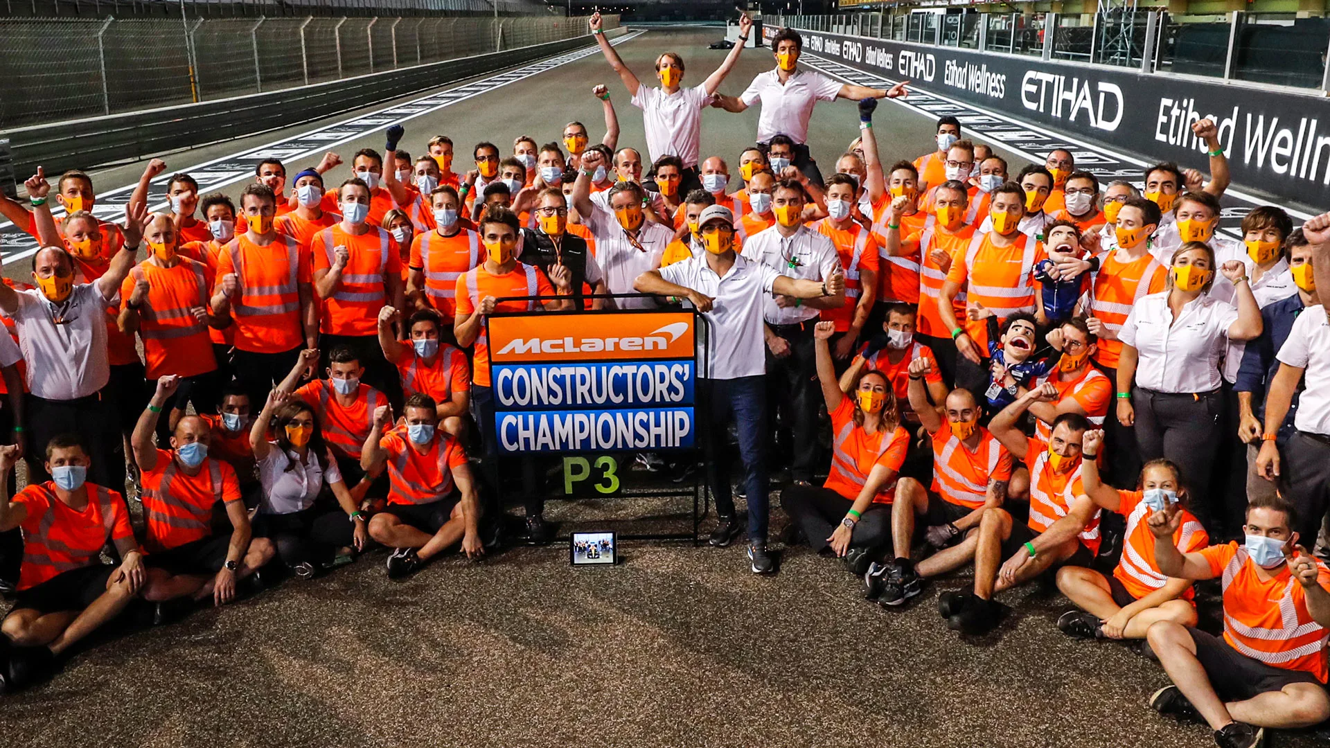 Lando Norris, McLaren, Carlos Sainz, McLaren, Andreas Seidl, Team Principal, McLaren, and the