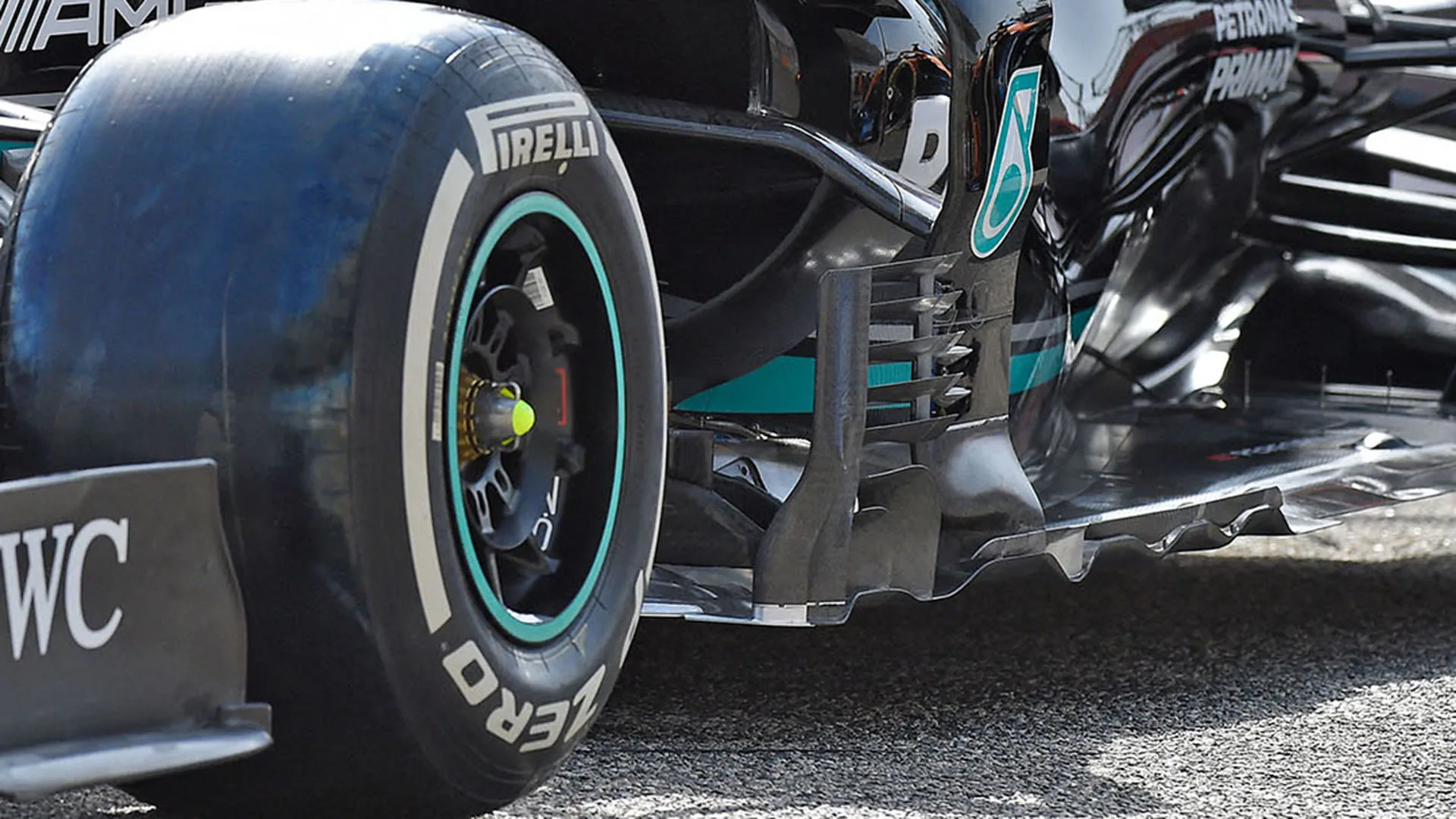 Mercedes' Finnish driver Valtteri Bottas' car is pictured on the track ahead of the first day of