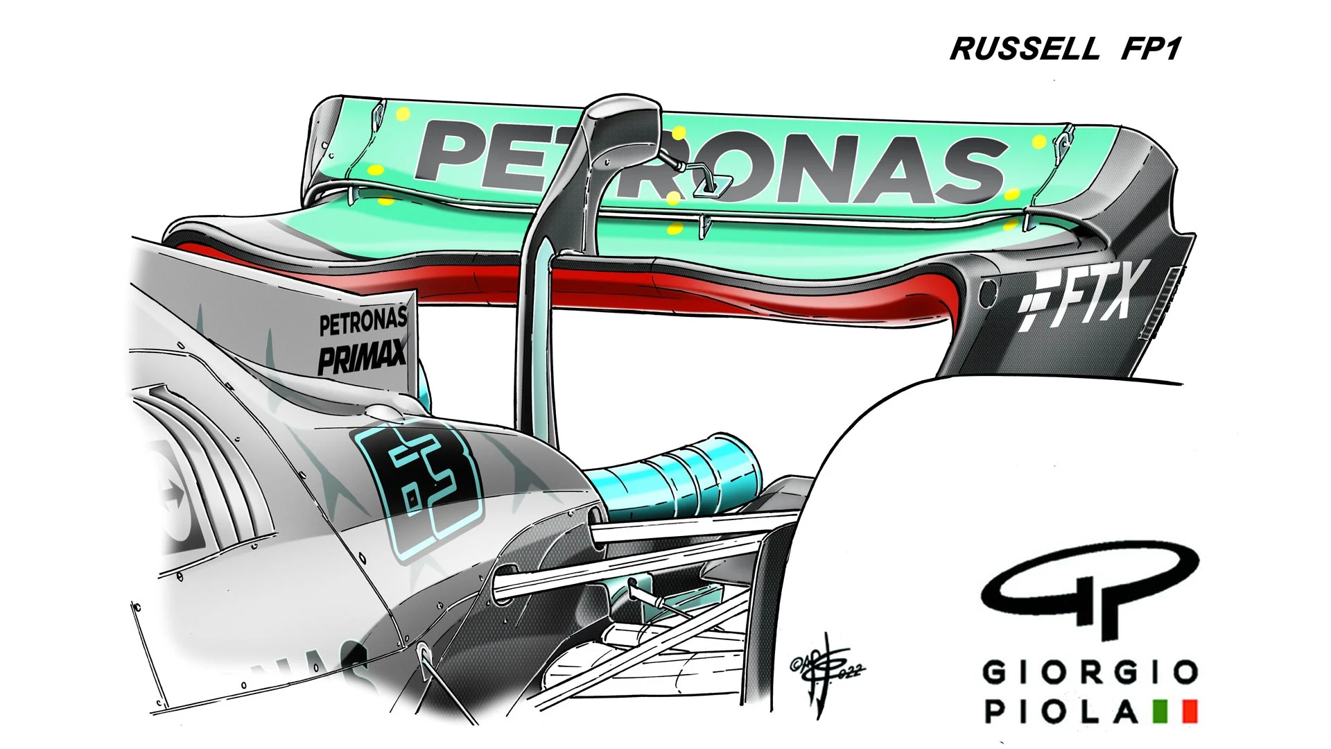 George Russell tried the higher downforce rear wing in FP1… 