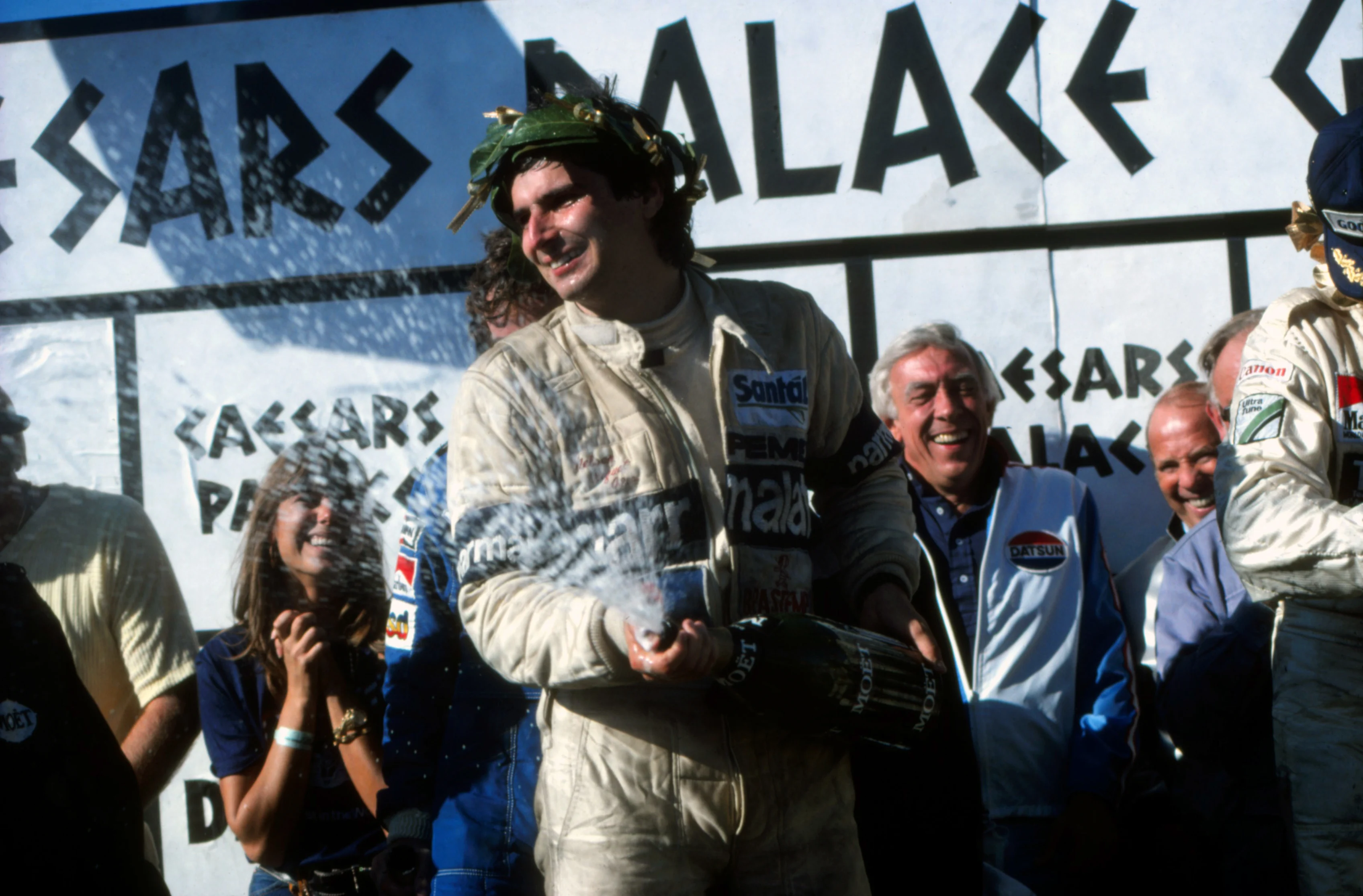 Nelson Piquet (BRA) Brabham celebrates after becoming World Champion. Caesars Palace Grand Prix,