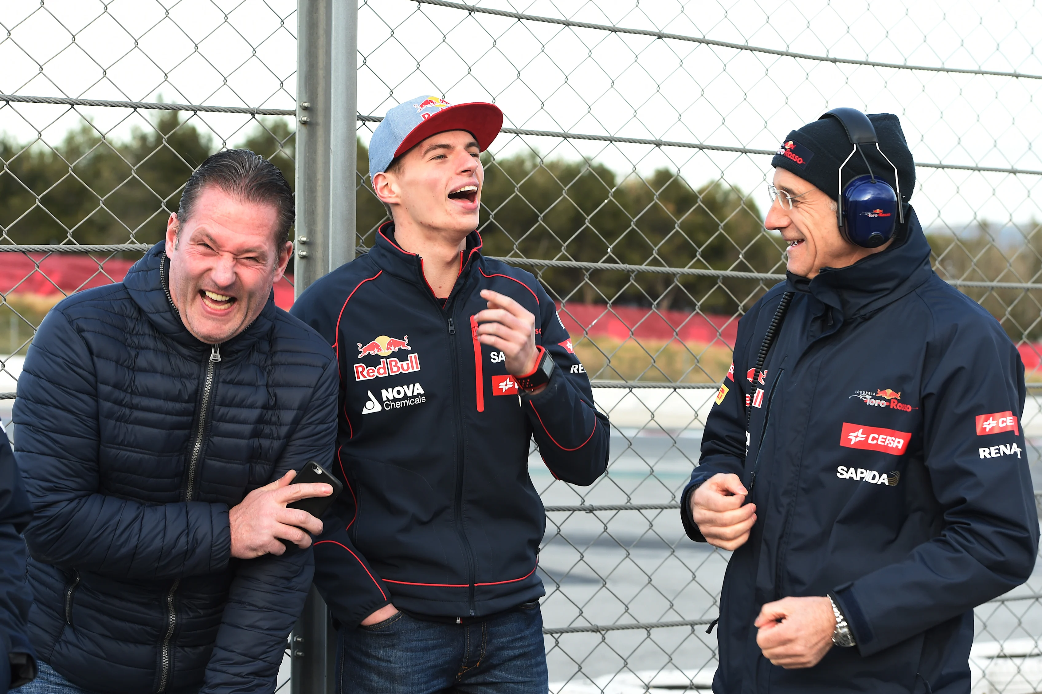 Max Verstappen (NDL) Scuderia Toro Rosso with father Jos Verstappen (NDL) and Franz Tost (AUT) Scuderia Toro Rosso Team Principal at Formula One Testing, Day Three, Barcelona, Spain, 28 February 2015.