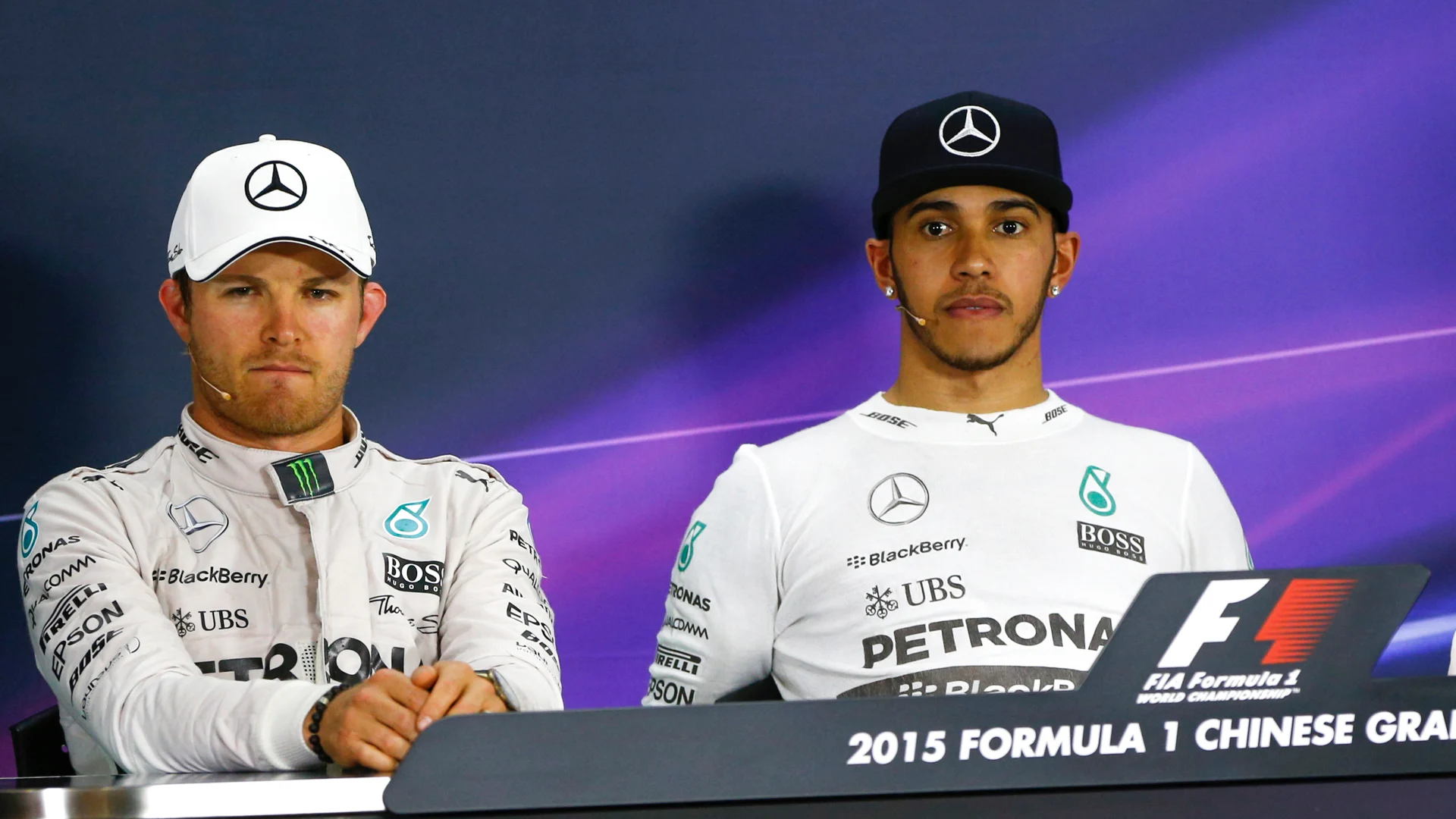 (L to R): Nico Rosberg (GER) Mercedes AMG F1, Lewis Hamilton (GBR) Mercedes AMG F1 and Sebastian