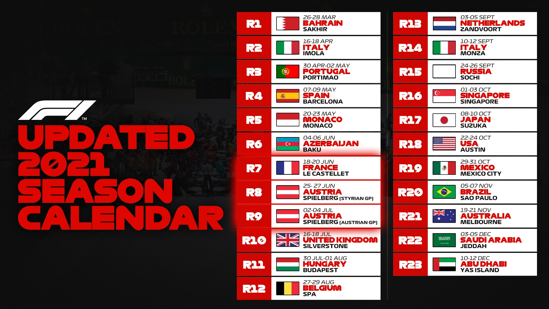 F1 Updated 2021 Calendar