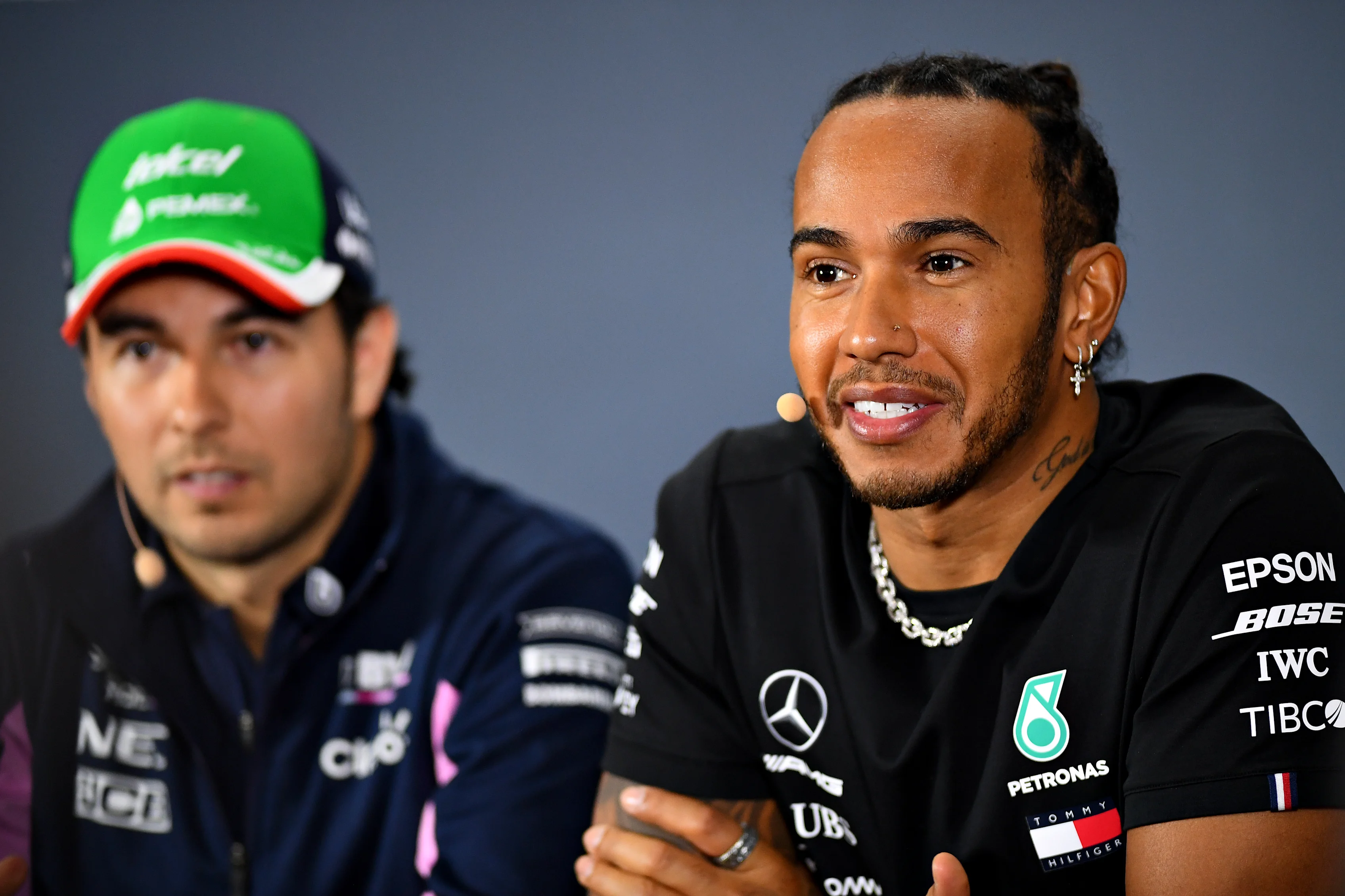 MEXICO CITY, MEXICO - OCTOBER 24: Lewis Hamilton of Great Britain and Mercedes GP and Sergio Perez