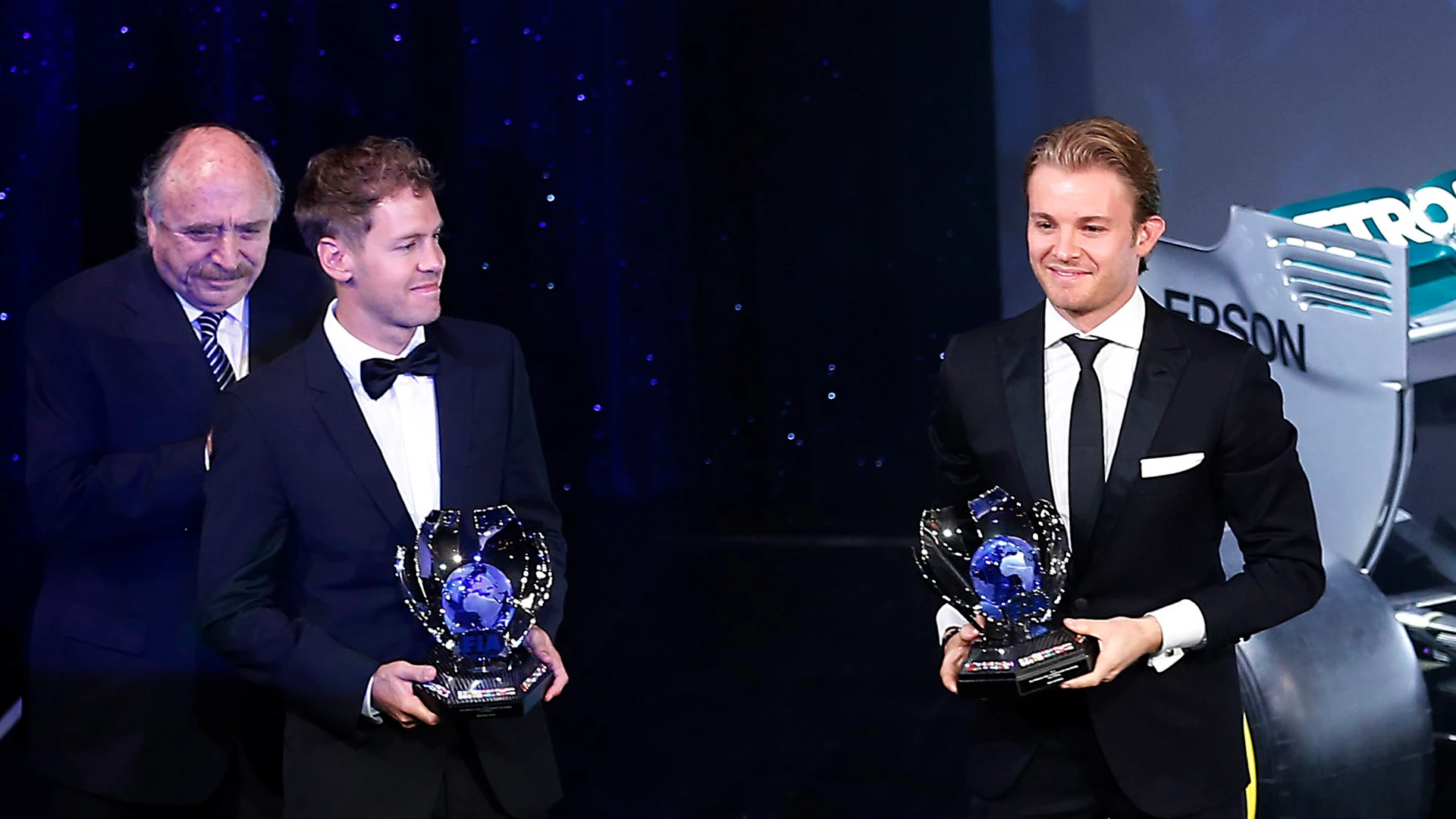 Sebastian Vettel (GER) Ferrari and Nico Rosberg (GER) Mercedes AMG F1 at FIA Prize Giving Awards