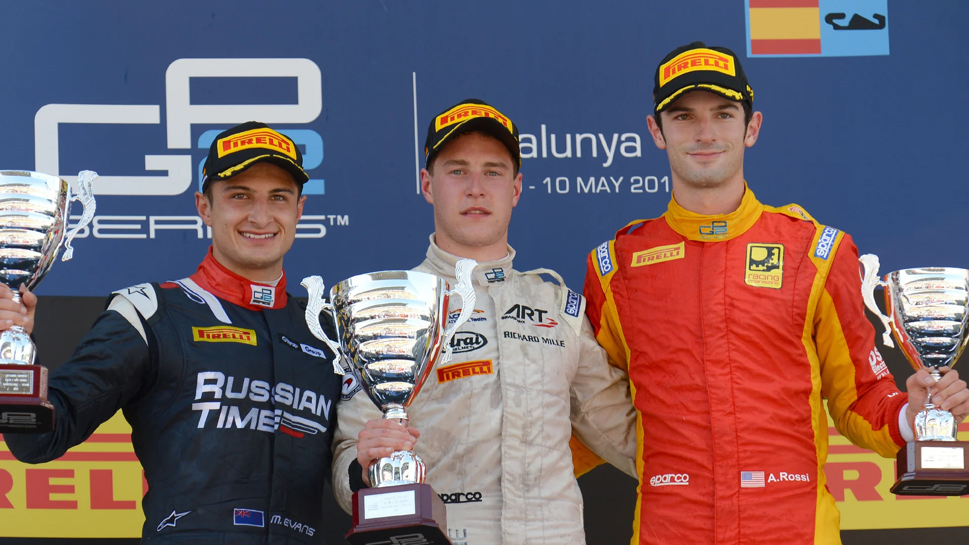 (L to R): Second placed Mitch Evans (NZL) Russian Time, race winner Stoffel Vandoorne (BEL) ART Grand Prix and third placed Alexander Rossi (USA) Racing Engineering celebrate on the podium with the trophies at GP2 Series, Rd2, Barcelona, Spain, 8-10 May 2015. © Sutton Motorsport Images