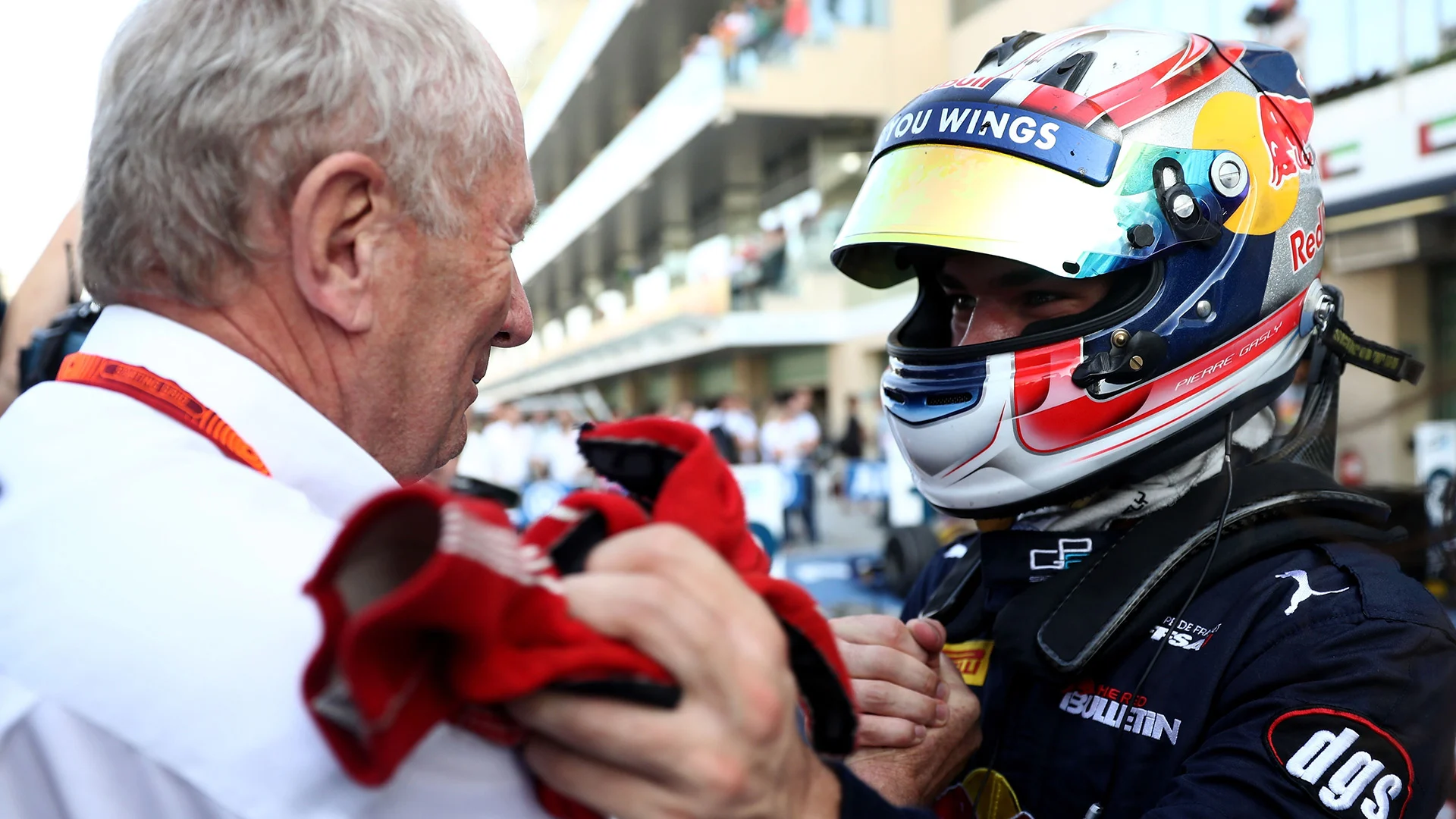 ABU DHABI, UNITED ARAB EMIRATES - NOVEMBER 27: Pierre Gasly of France and Prema Racing celebrates