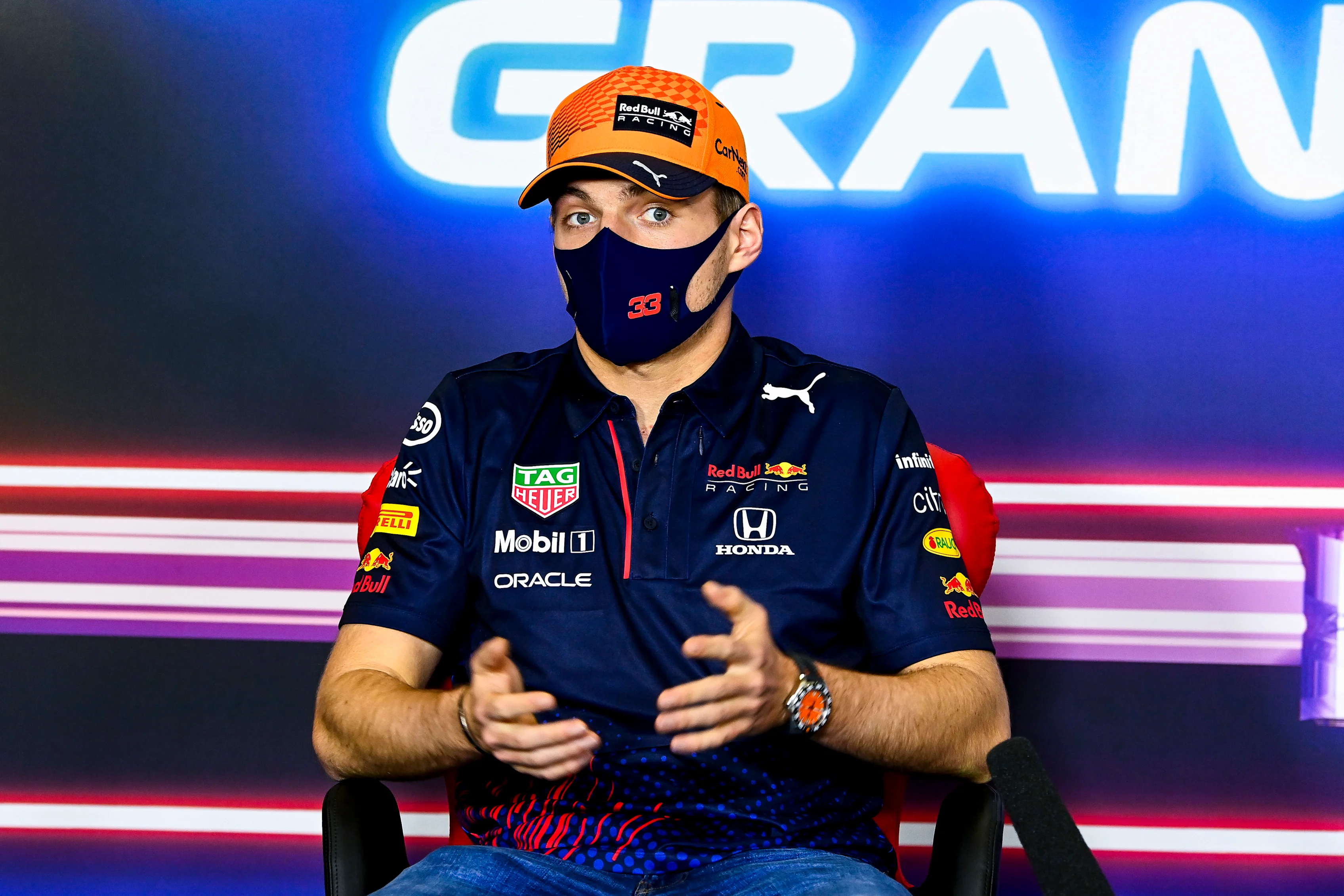 BARCELONA, SPAIN - MAY 06: Max Verstappen of Netherlands and Red Bull Racing talks in the Drivers