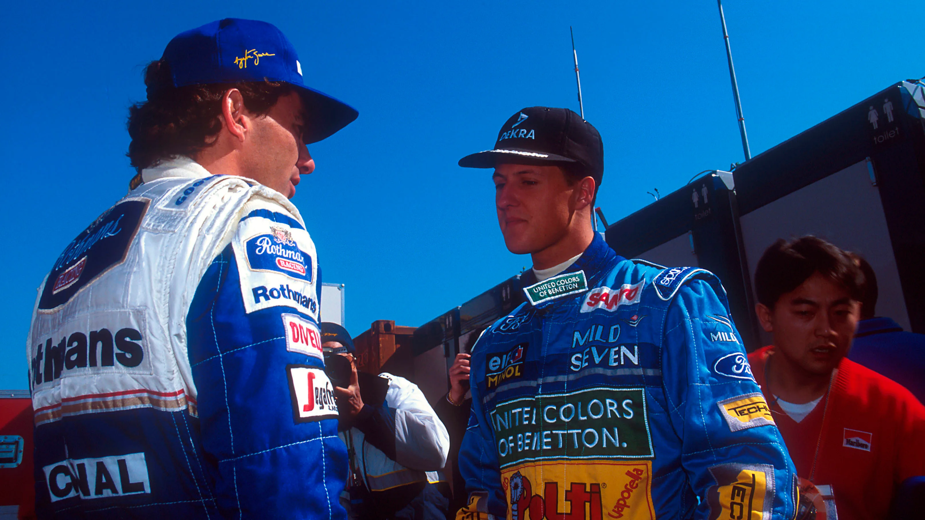 Imola, Italy.
29/4-1/5 1994.
Michael Schumacher (Benetton Ford) talks to Ayrton Senna (Williams