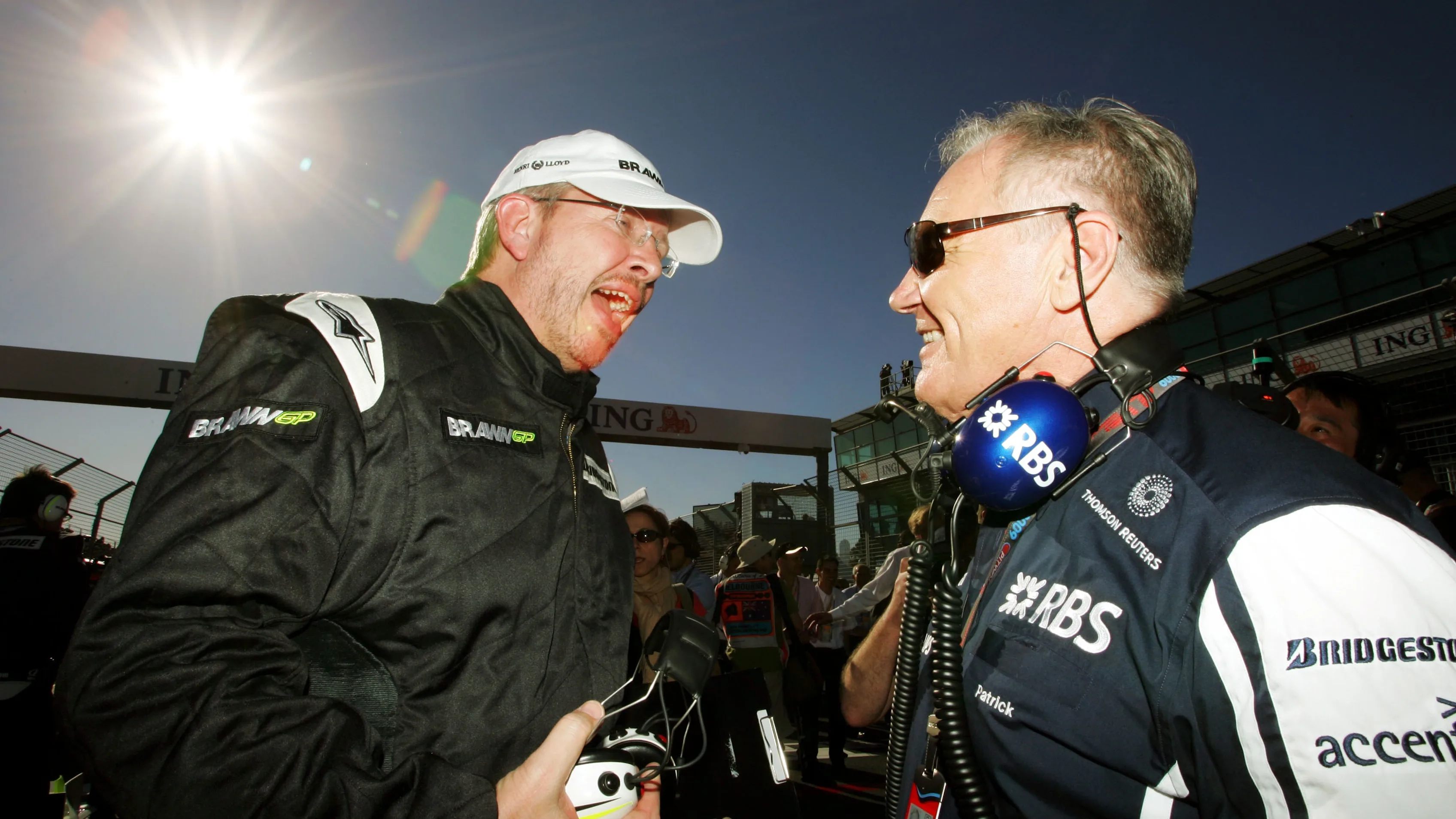 (L to R): Ross Brawn (GBR) Brawn Grand Prix Team Principal on the grid with Patrick Head (GBR)