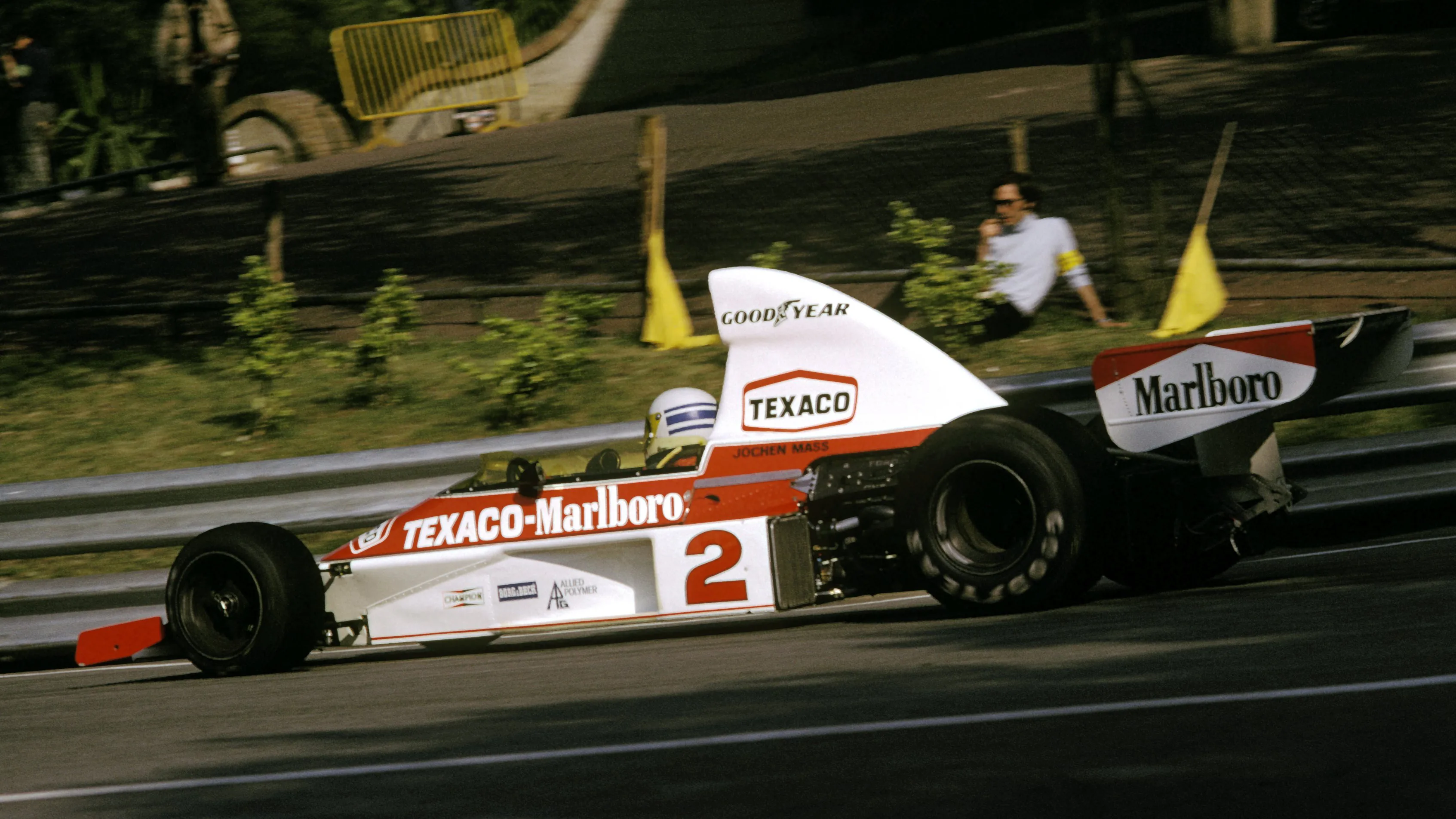 Jochen Mass (GER) McLaren M23 steered clear of the chaos around him to claim his first GP victory