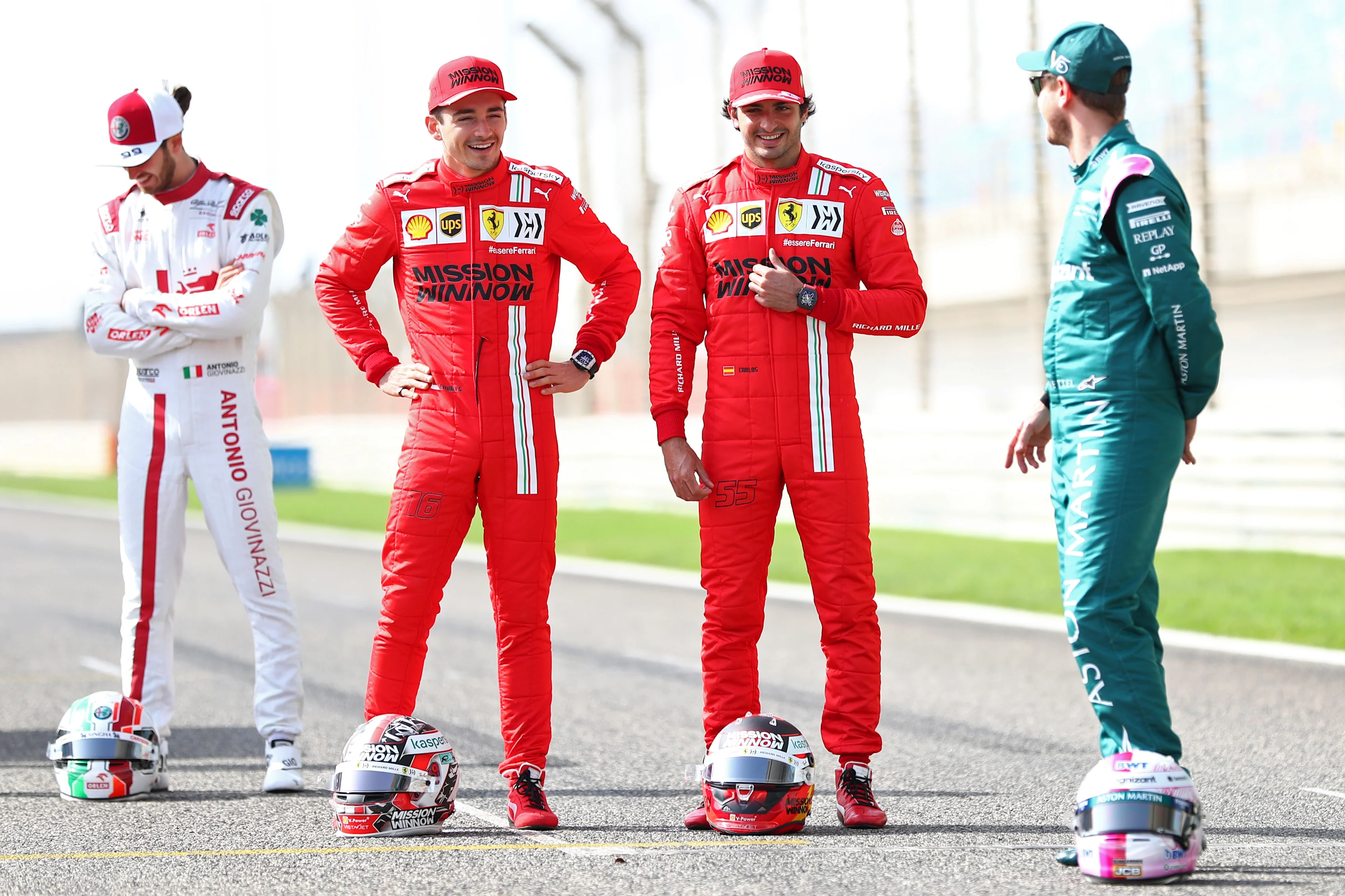 BAHRAIN, BAHRAIN - MARCH 12:  Charles Leclerc of Monaco and Ferrari and team mate Carlos Sainz of