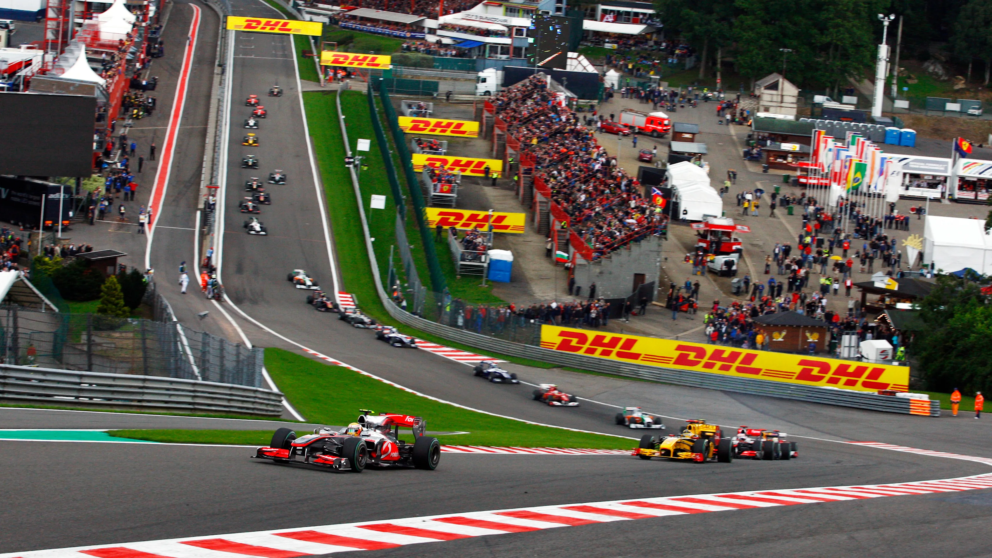 Lewis Hamilton (GBR) McLaren MP4/25 leads at the start of the race. 
Formula One World