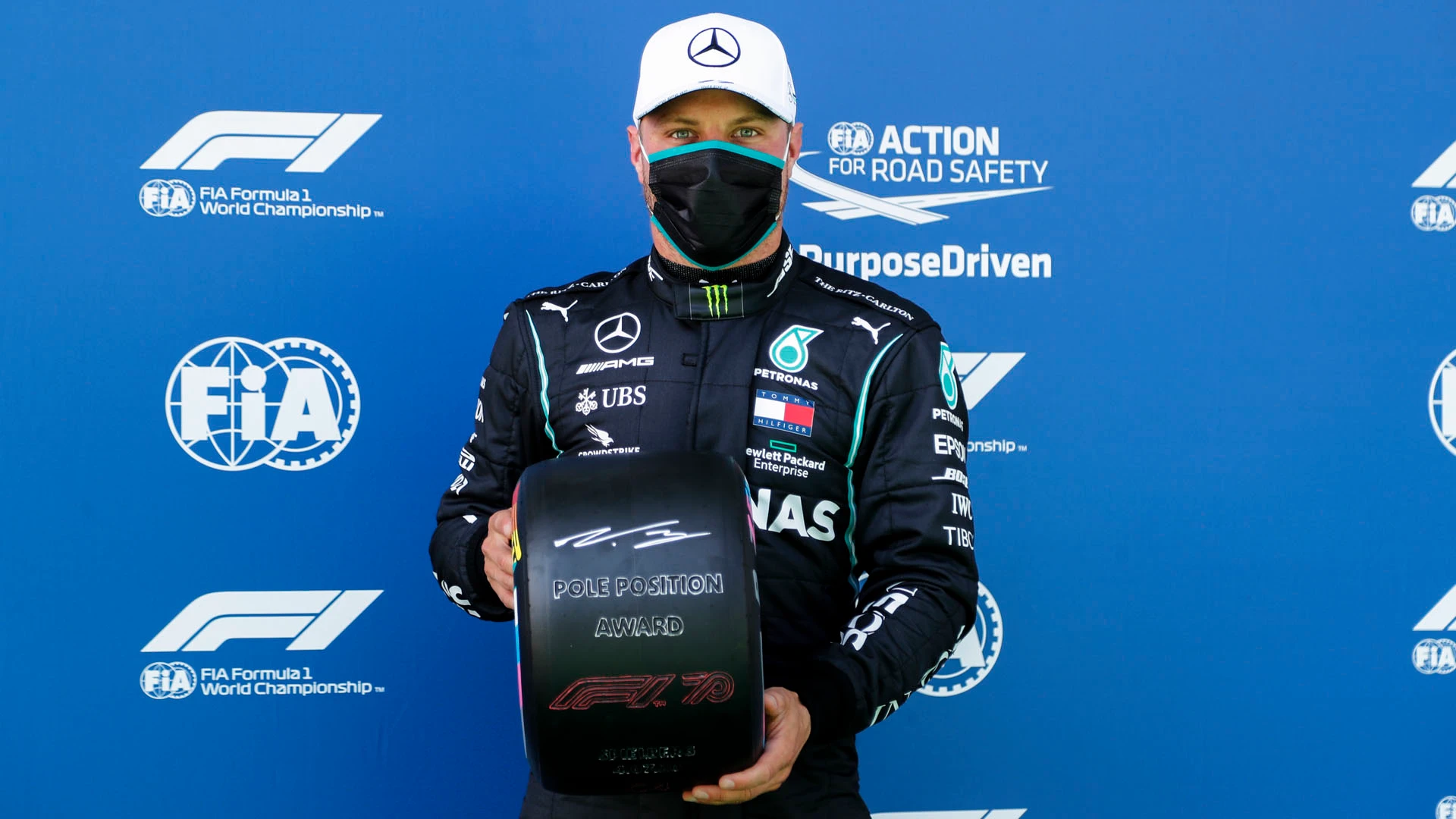 JULY 04: Valtteri Bottas, Mercedes-AMG Petronas F1 celebrates in parc ferme with the Pirelli Pole