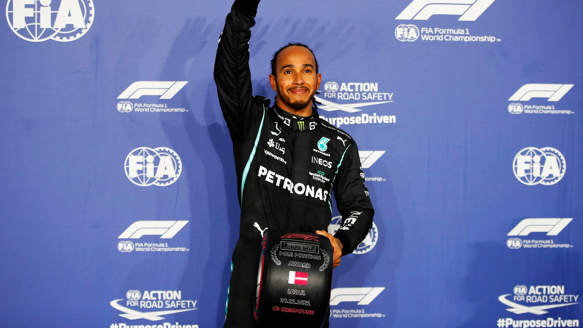 LOSAIL INTERNATIONAL CIRCUIT, QATAR - NOVEMBER 20: Sir Lewis Hamilton, Mercedes, with his Pirelli