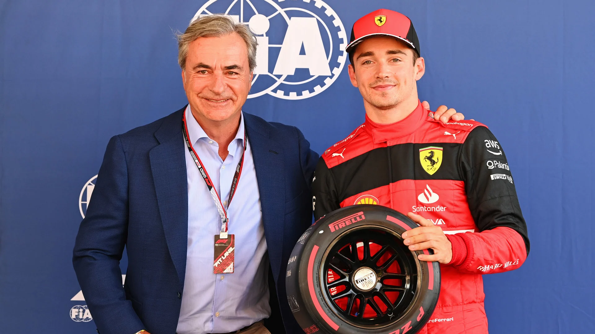 CIRCUIT DE BARCELONA-CATALUNYA, SPAIN - MAY 21: Charles Leclerc, Ferrari, receives his Pirelli pole