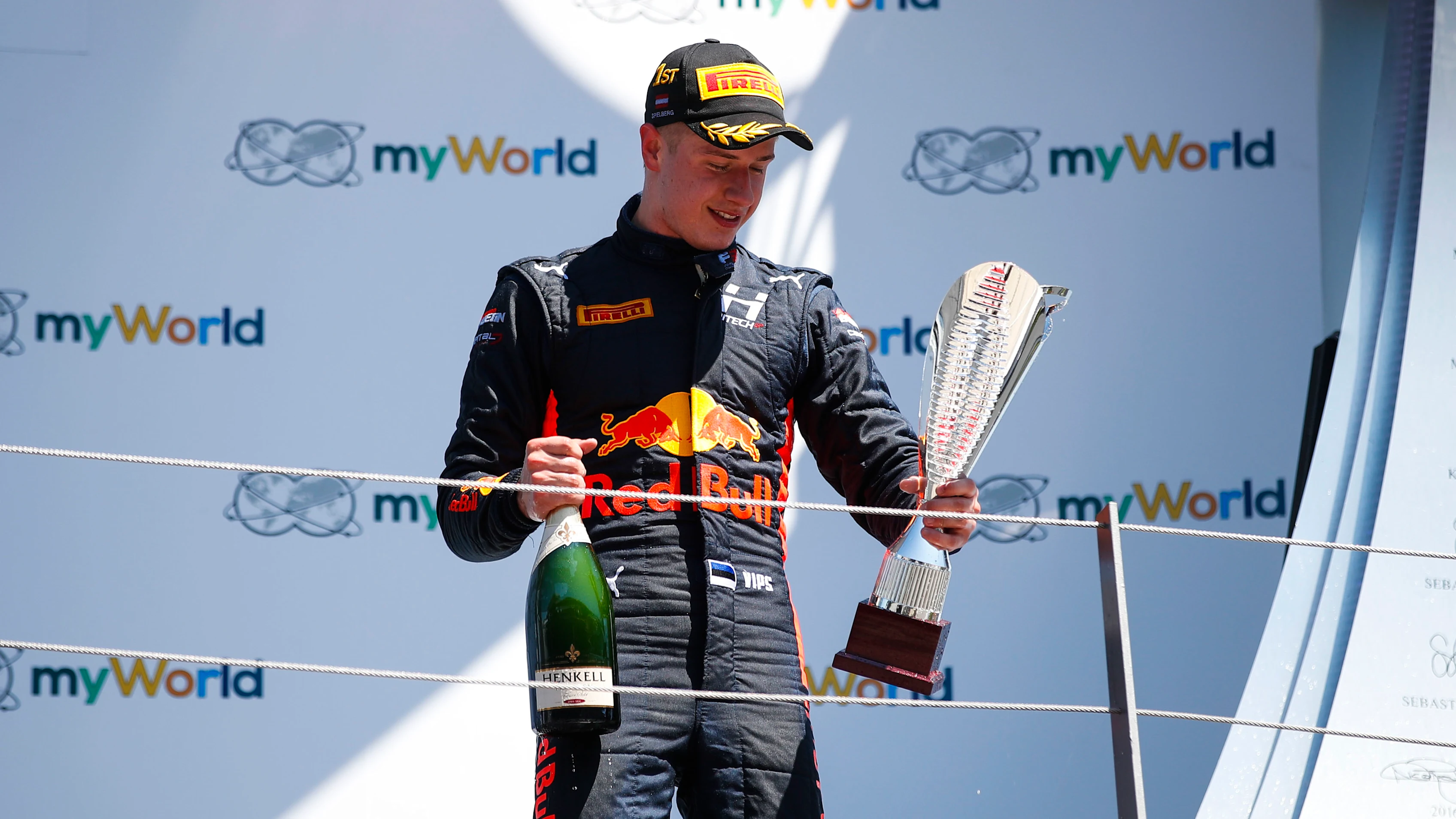 RED BULL RING, AUSTRIA - JUNE 29: Juri Vips (EST) Hitech Grand Prix, celebrates on the podium