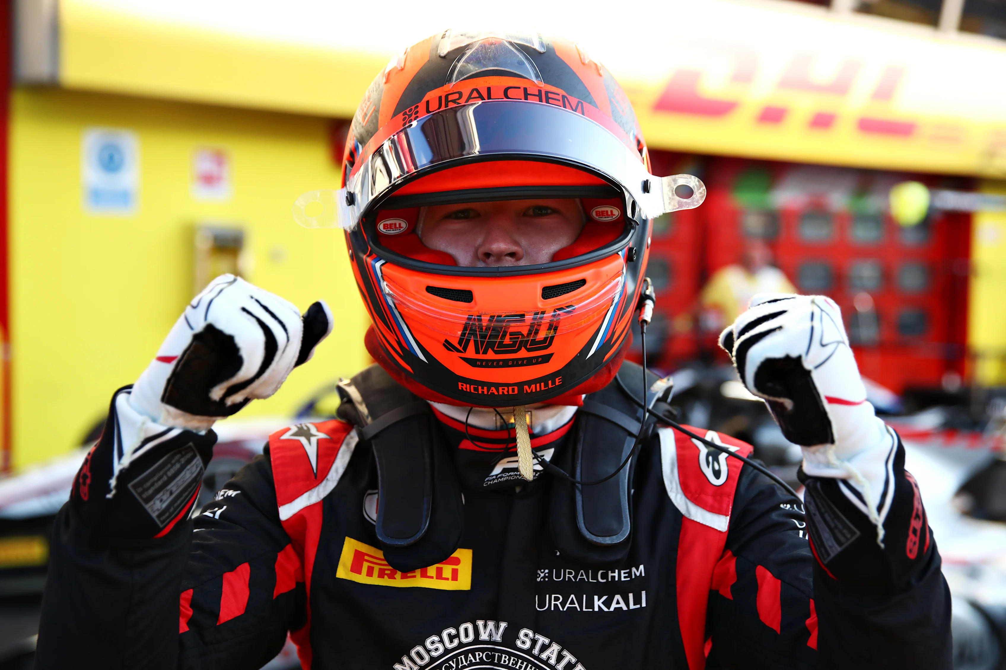 SCARPERIA, ITALY - SEPTEMBER 12: Race winner Nikita Mazepin of Russia and Hitech Grand Prix