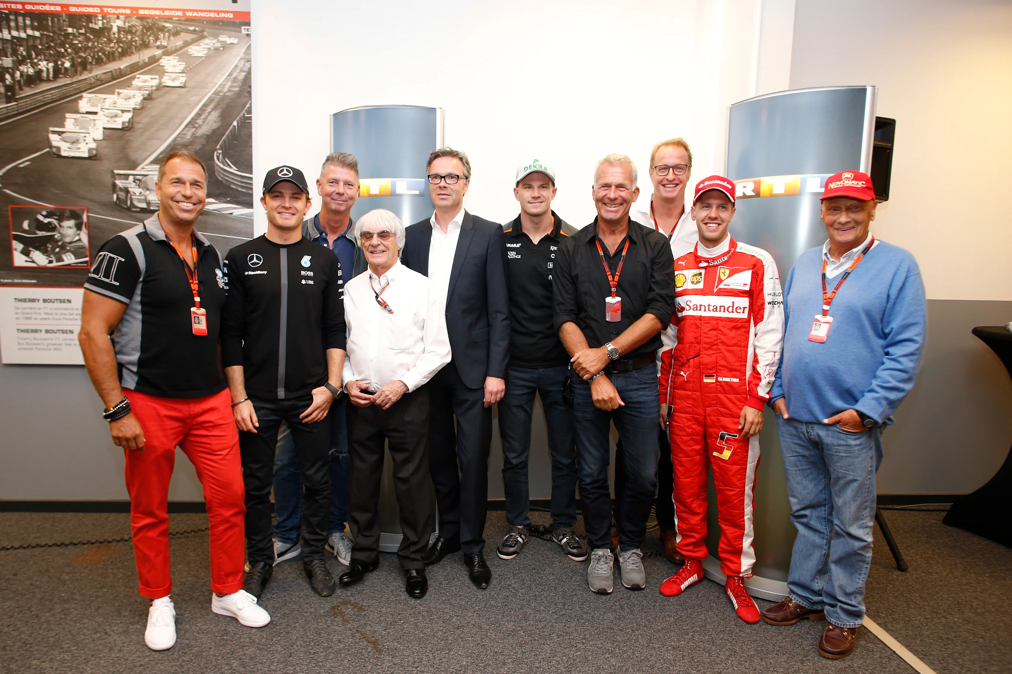 Spa-Francorchamps, Spa, Belgium. Friday 21 August 2015. Bernie Ecclestone, CEO and President, FOM, and German TV Channel RTL announce a new extension to their TV rights deal, with RTL reporters and pundits, and German drivers Nico Rosberg, Mercedes AMG, Nico Hulkenberg, Force India, and Sebastian Vettel, Ferrari, in attendance. © Steven Tee/LAT Photographic