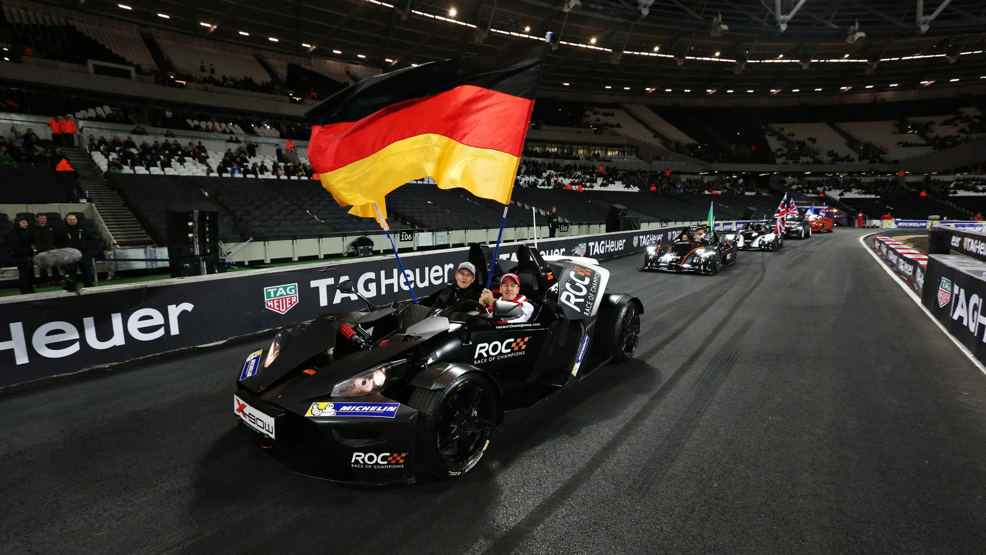 Sebastian Vettel (GER) and Nico Hulkenberg (GER) at Race of Champions, Queen Elizabeth Olympic