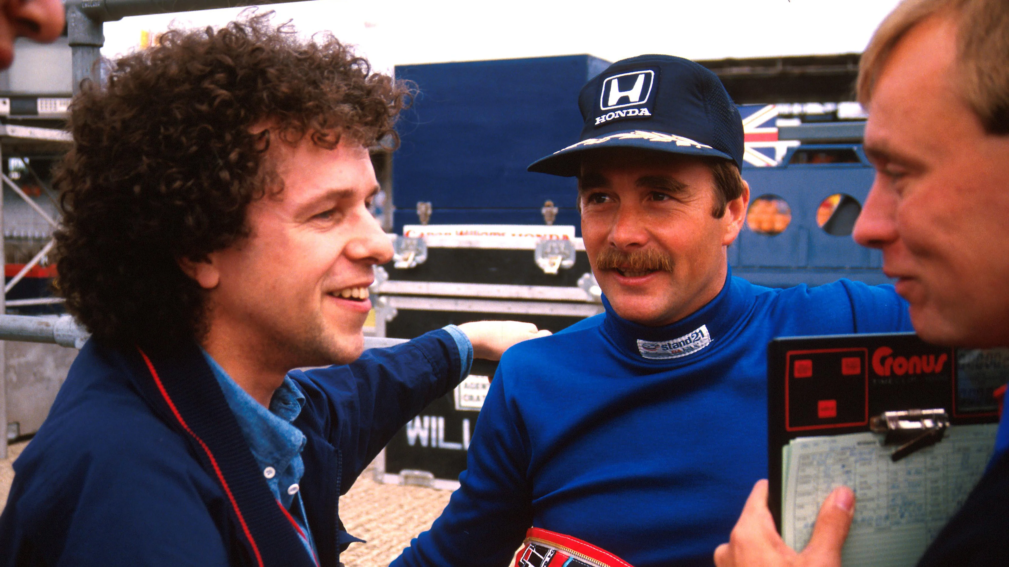 (L to R): Leo Sayer (GBR), Nigel Mansell (GBR) Williams and David Brown (GBR) Williams Race