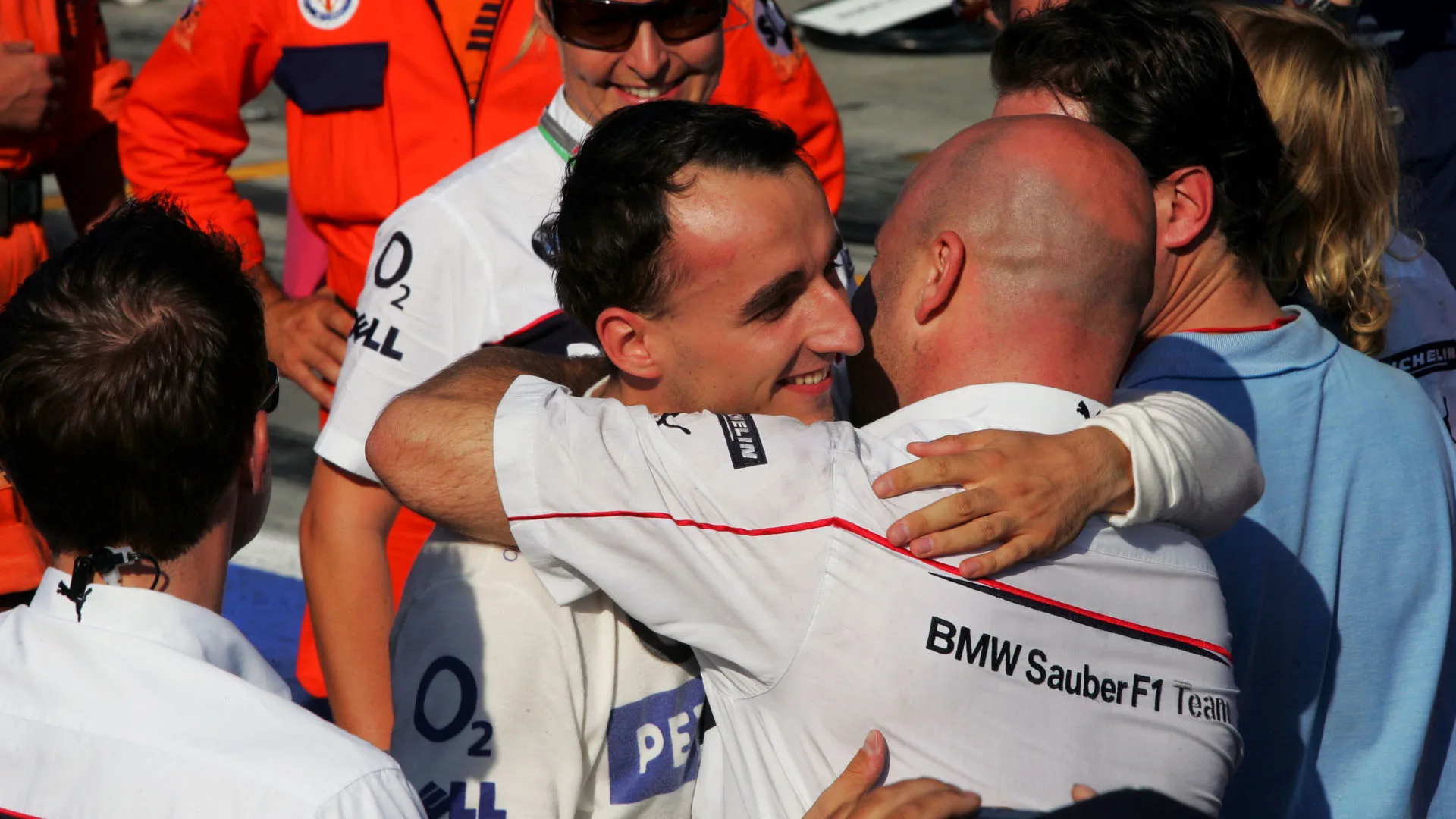 Robert Kubica (POL) BMW Sauber F1 celebrates his third position.  Formula One World Championship,
