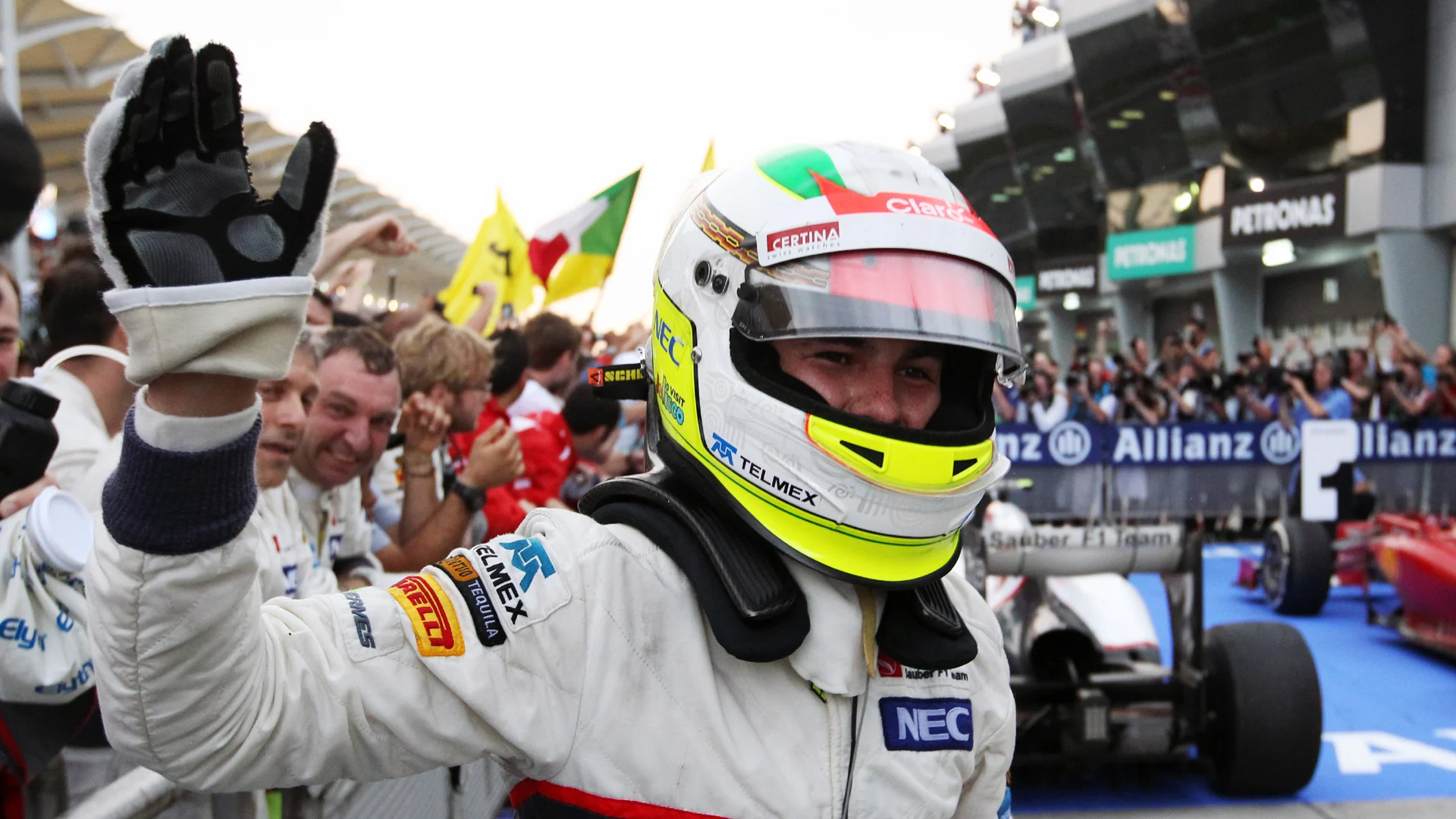 Sergio Perez (MEX) Sauber celebrates his second place. Formula One World Championship, Rd2,