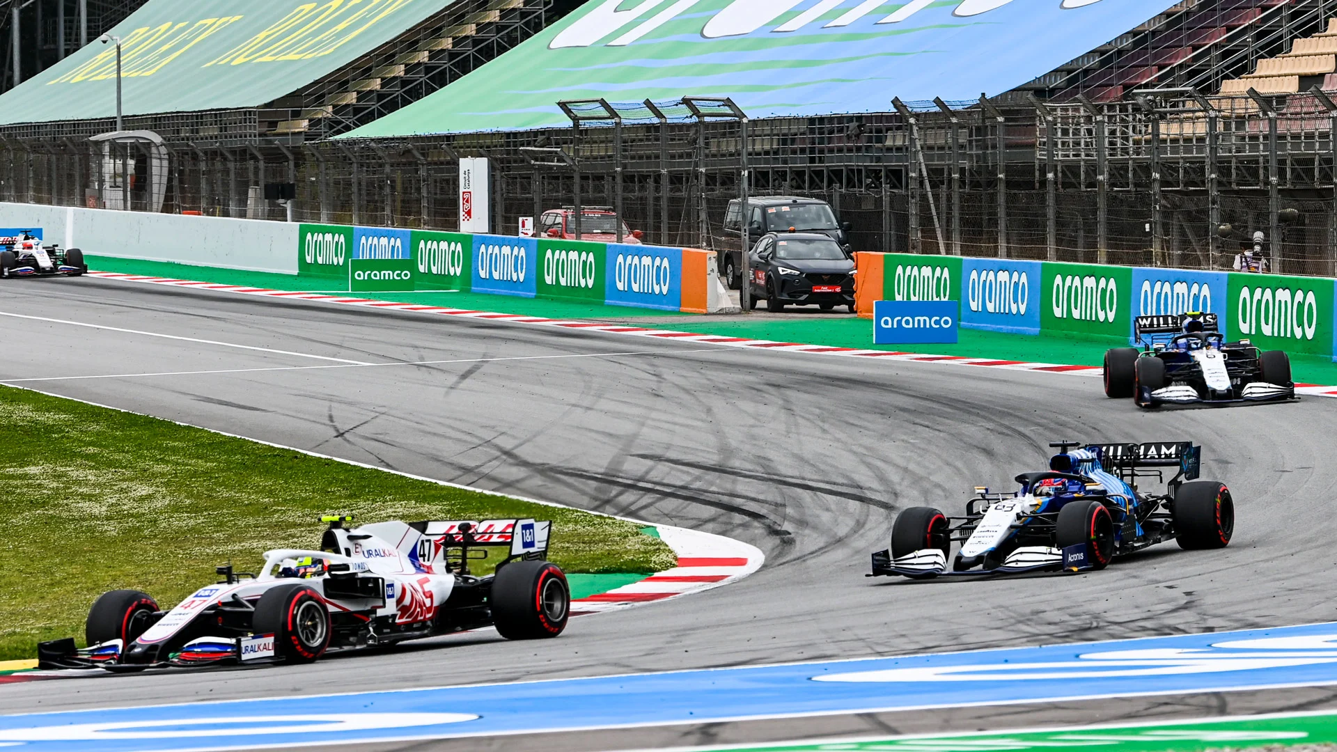 CIRCUIT DE BARCELONA-CATALUNYA, SPAIN - MAY 09: Mick Schumacher, Haas VF-21, leads George Russell,
