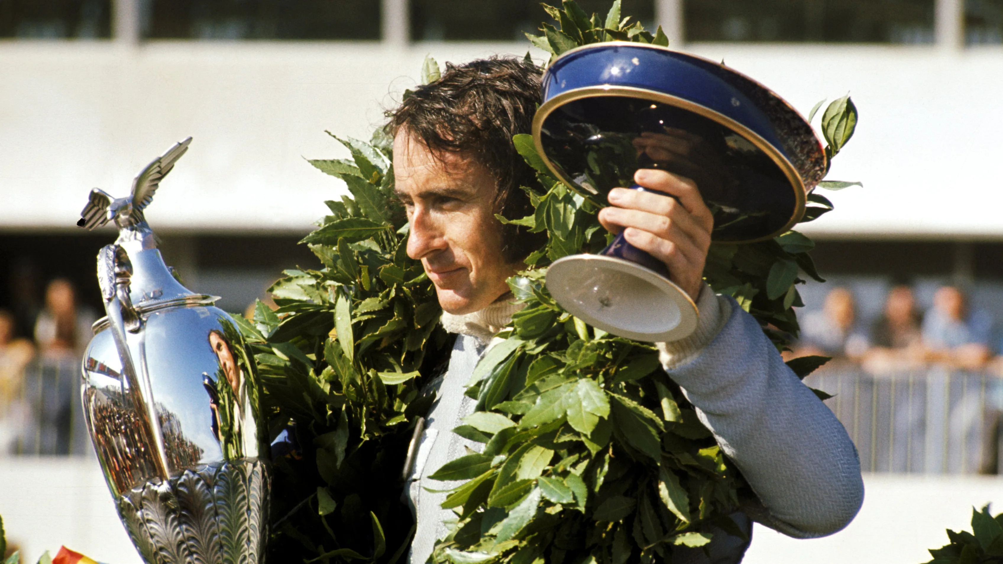 Jackie Stewart (GBR) Tyrrell celebrates on the podium having totally dominated at the new Paul