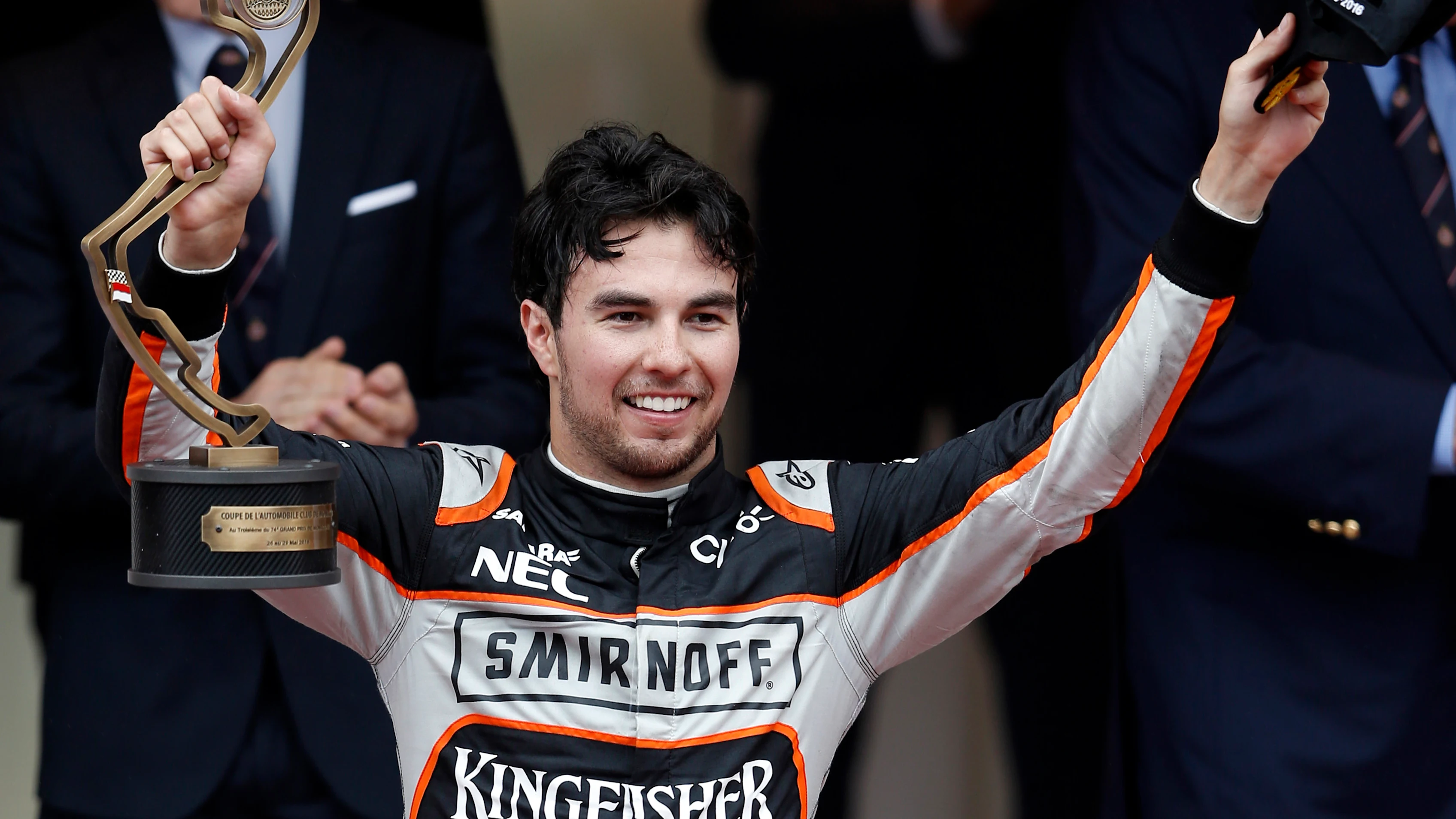 Sergio Perez (MEX) Force India celebrates on the podium with the trophy on the podium with the trophy at Formula One World Championship, Rd6, Monaco Grand Prix, Race, Monte-Carlo, Monaco, Sunday 29 May 2016.

BEST IMAGE © Sutton Images + 44 1327 352188,Sutton Images + 44 1327 352188