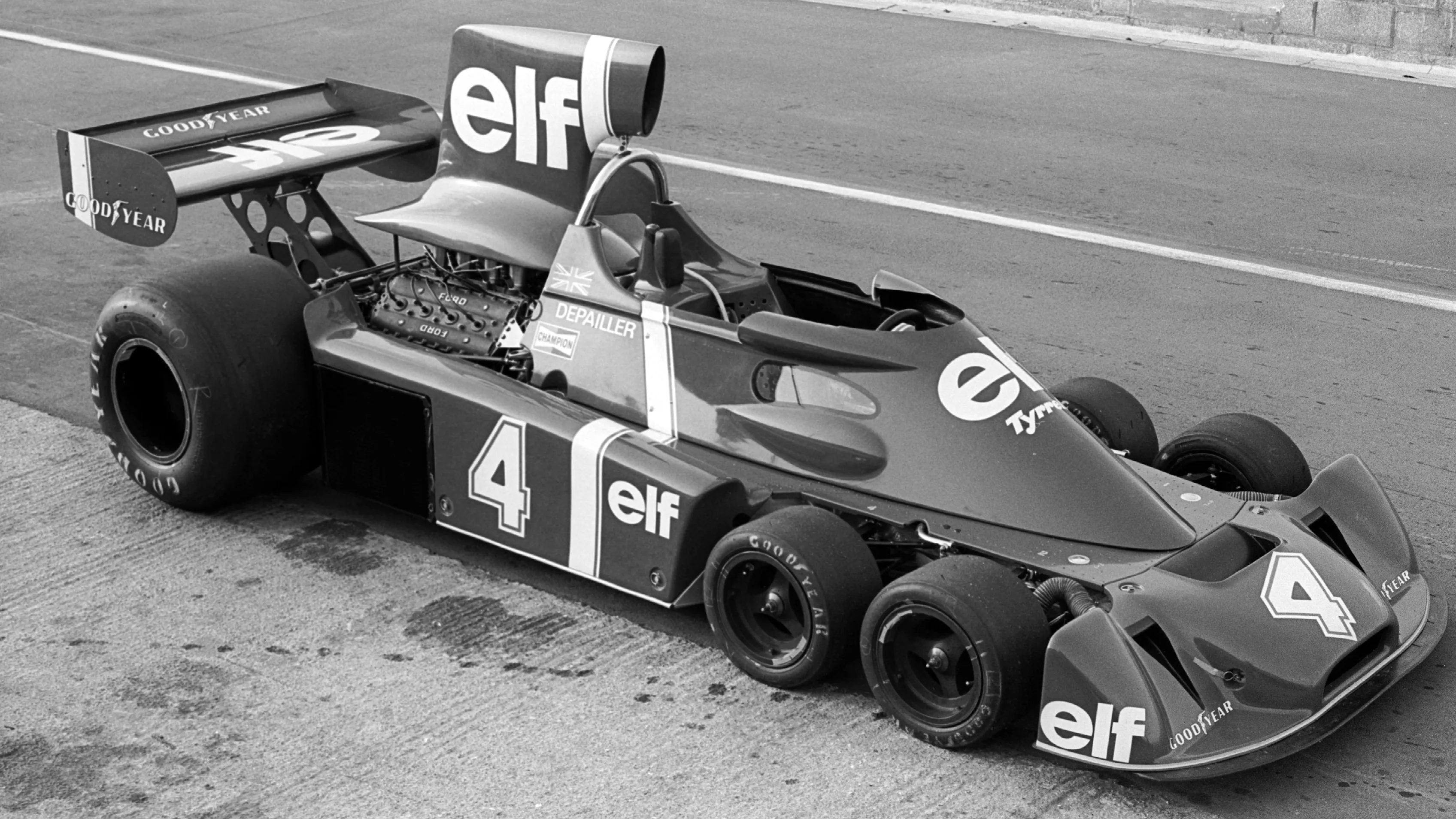 A prototype Tyrrell P34 - essentially the six-wheeled design mated to the existing 007 chassis - in testing at Silverstone prior to its Grand Prix debut in 1976. © Sutton Motorsport Images
