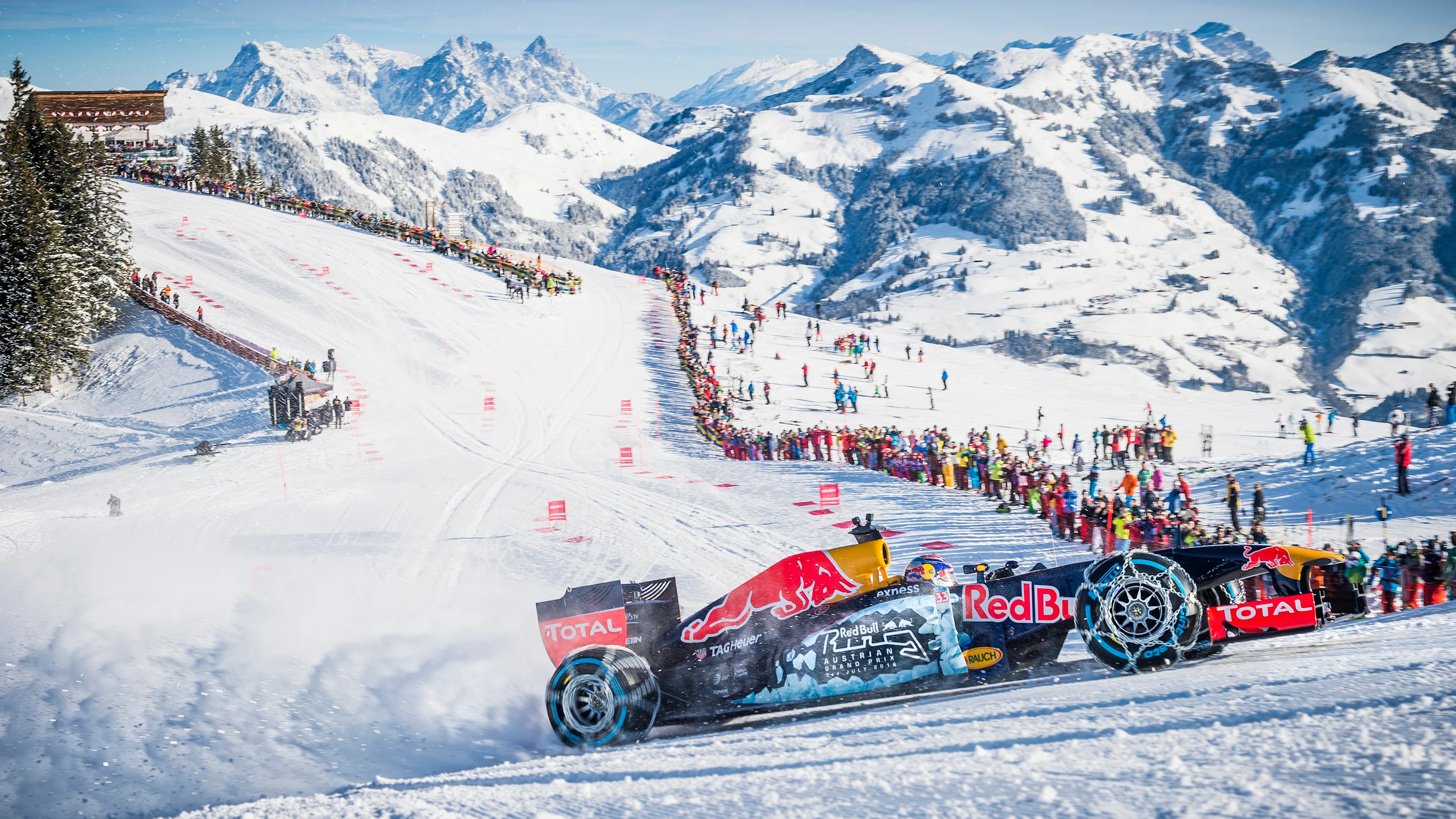 Max Verstappen performs during the F1 Showrun at the Hahnenkamm in Kitzbuehel, Austria on Jannuary
