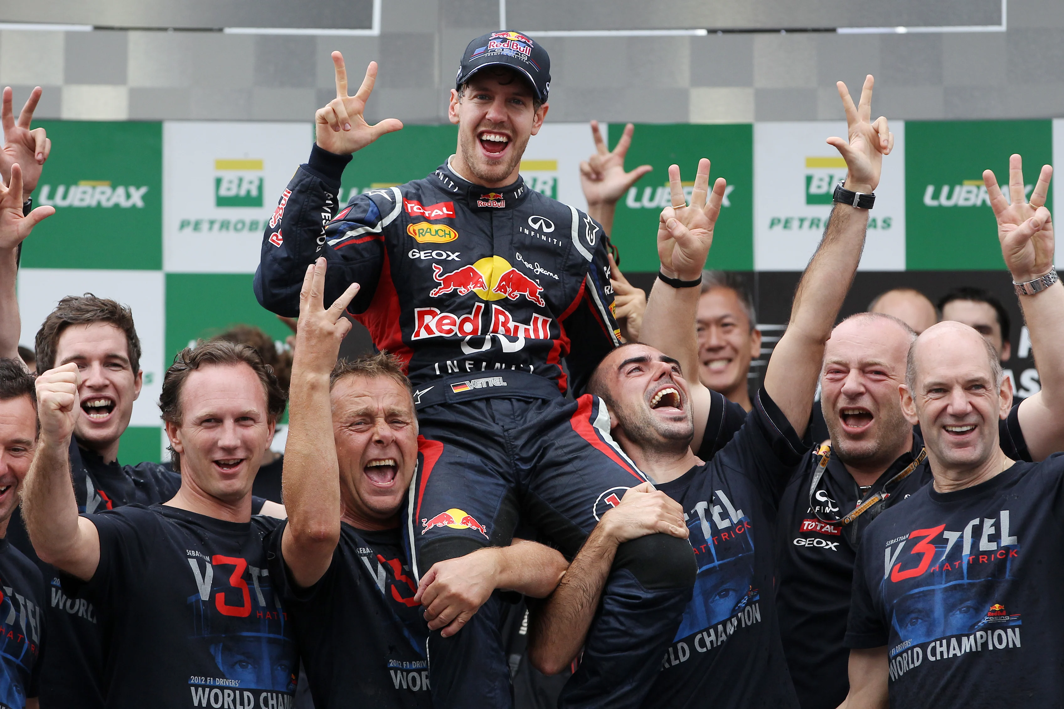World Champion Sebastian Vettel (GER) Red Bull Racing celebrates with the team. Formula One World