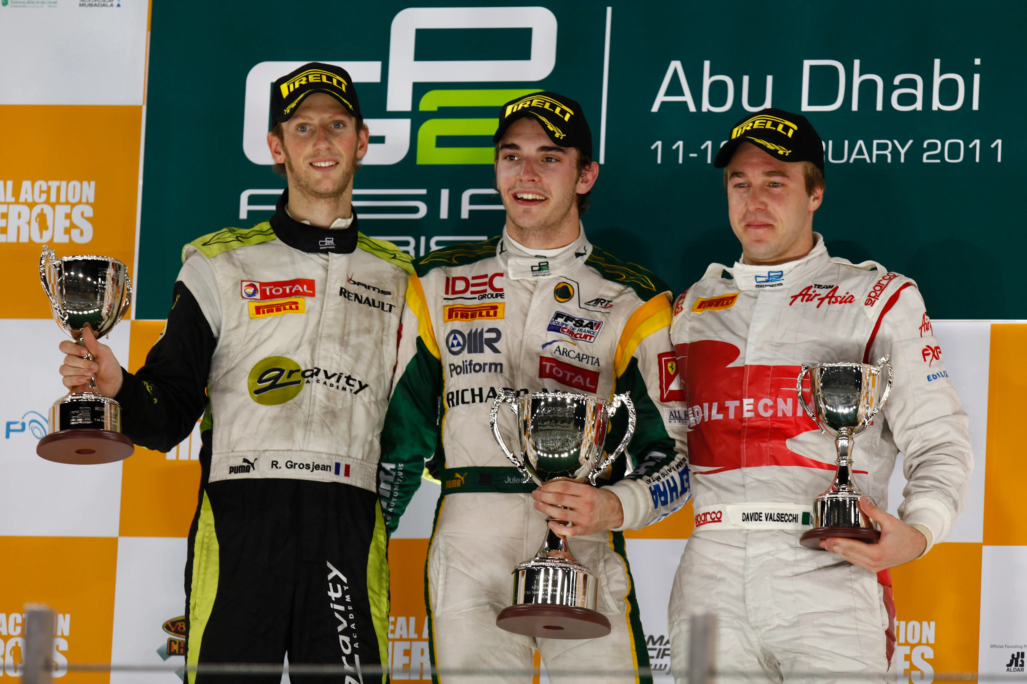 Friday Race podium and results: 1st Jules Bianchi, (FRA) Lotus ART, centre. 2nd Romain Grosjean,